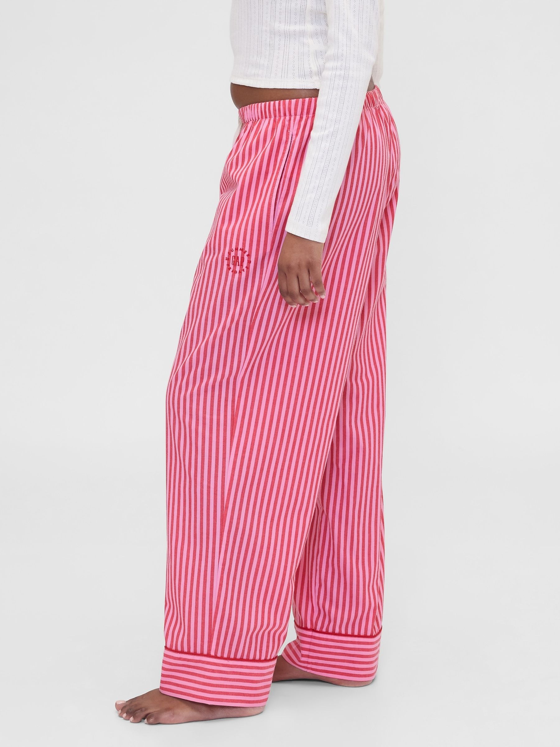 Gap X Summer Fridays Bright Pink/Red Relaxed Poplin Stripe Pyjama Bottoms - Image 3 of 7