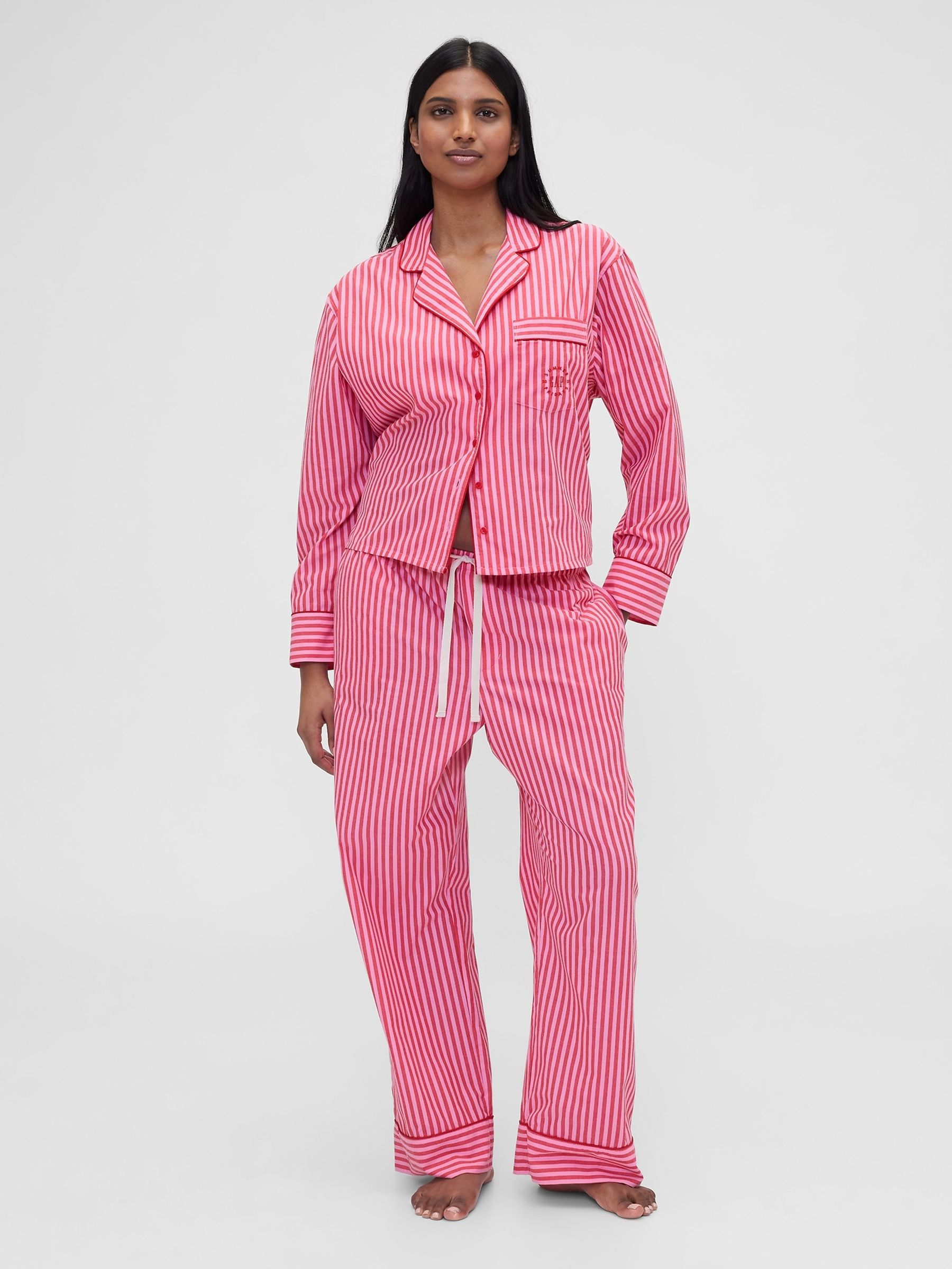 Gap X Summer Fridays Bright Pink/Red Relaxed Poplin Stripe Pyjama Bottoms - Image 5 of 7