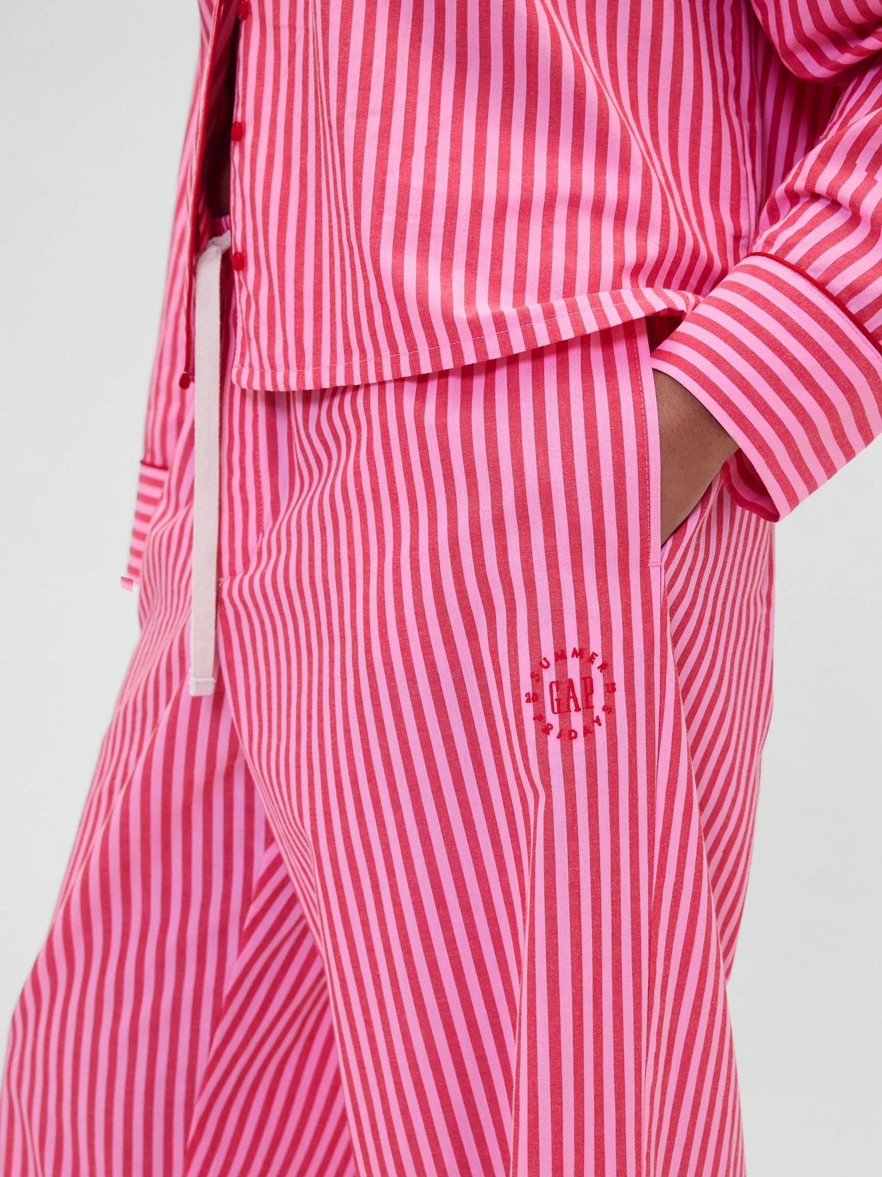 Gap X Summer Fridays Bright Pink/Red Relaxed Poplin Stripe Pyjama Bottoms - Image 6 of 7