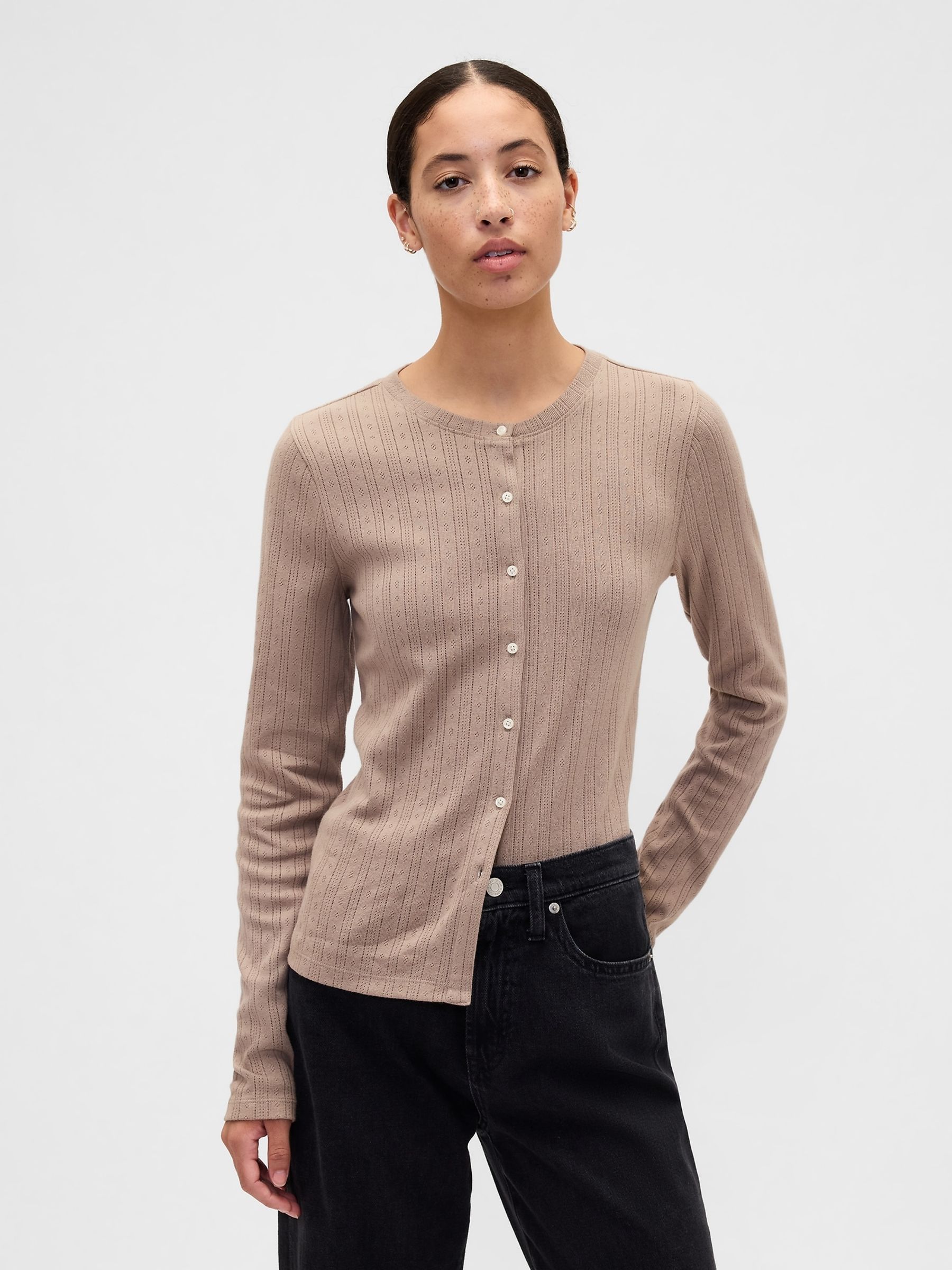 Brown Pointelle Button-Up Top - Image 1 of 5