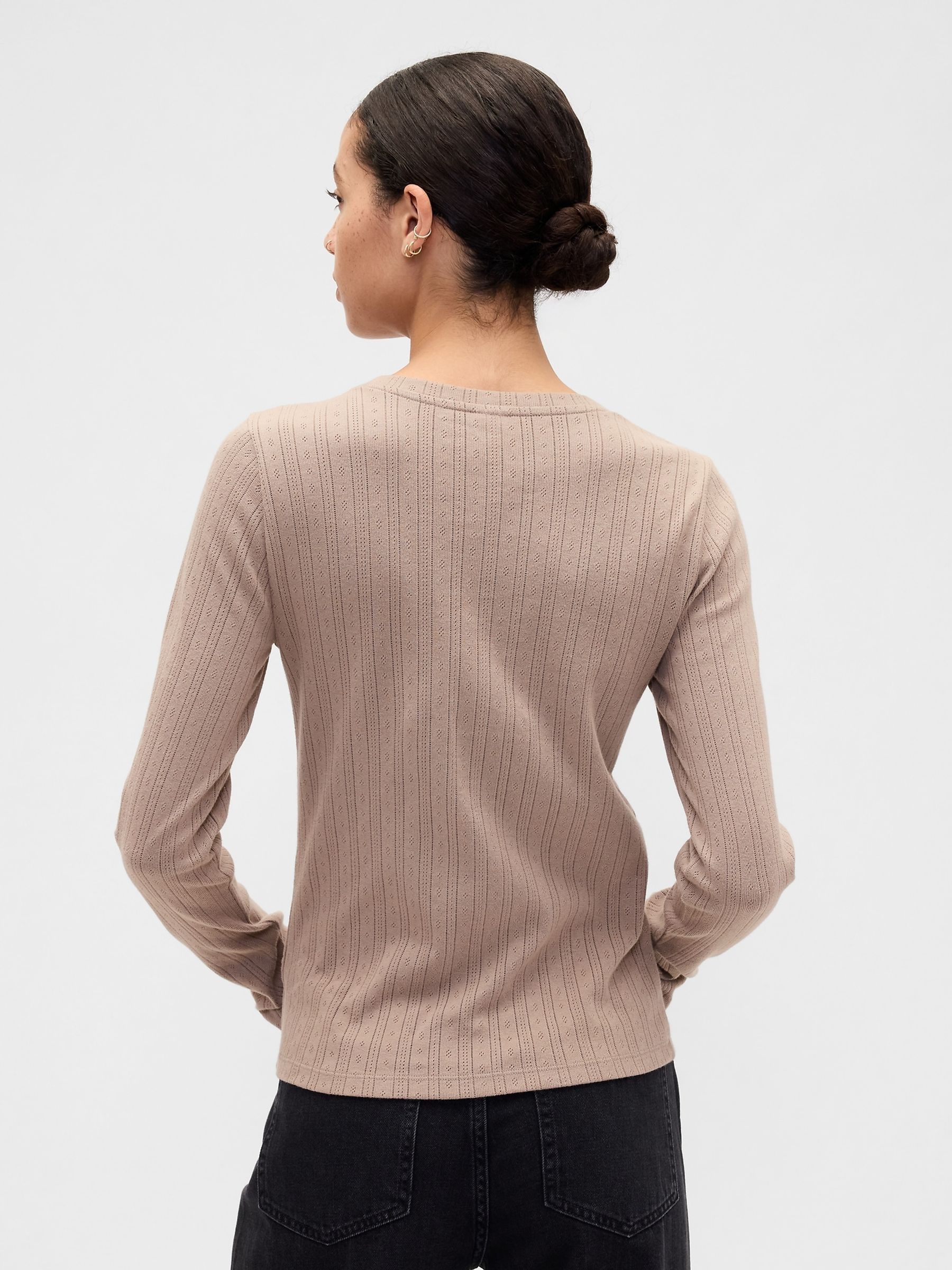 Brown Pointelle Button-Up Top - Image 2 of 5 Brown Pointelle Button-Up Top - Image 2 of 5