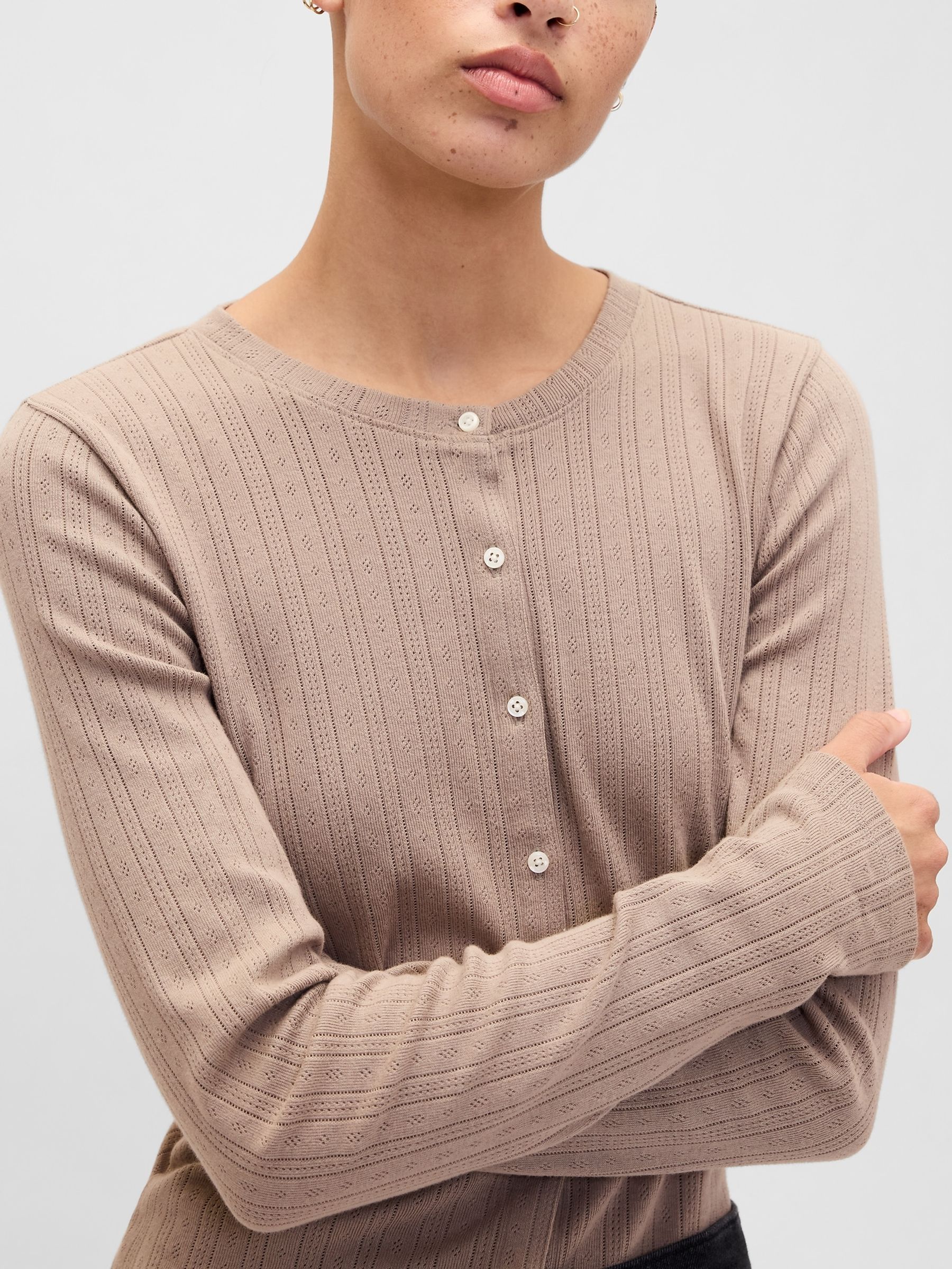 Brown Pointelle Button-Up Top - Image 3 of 5