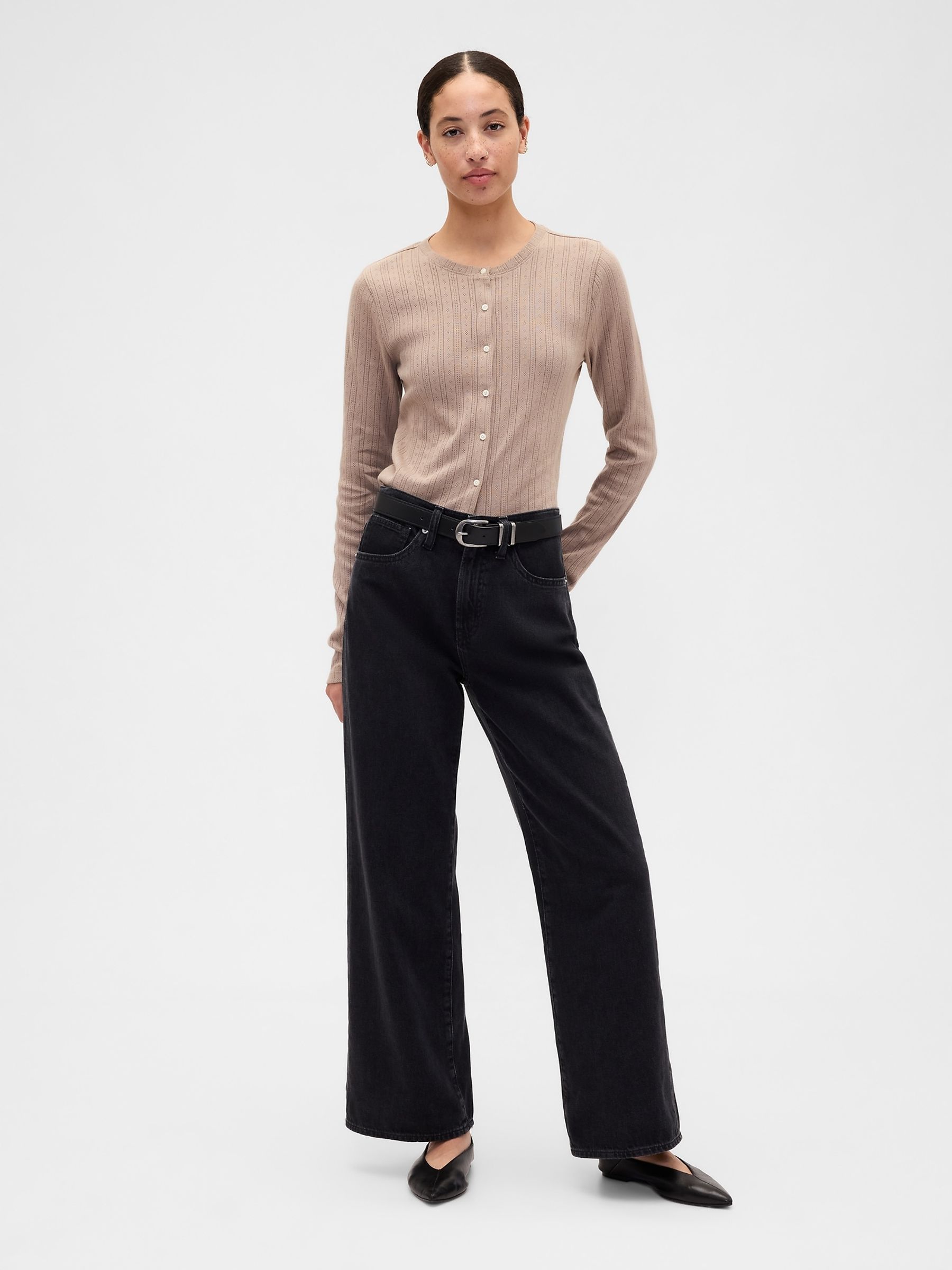 Brown Pointelle Button-Up Top - Image 4 of 5