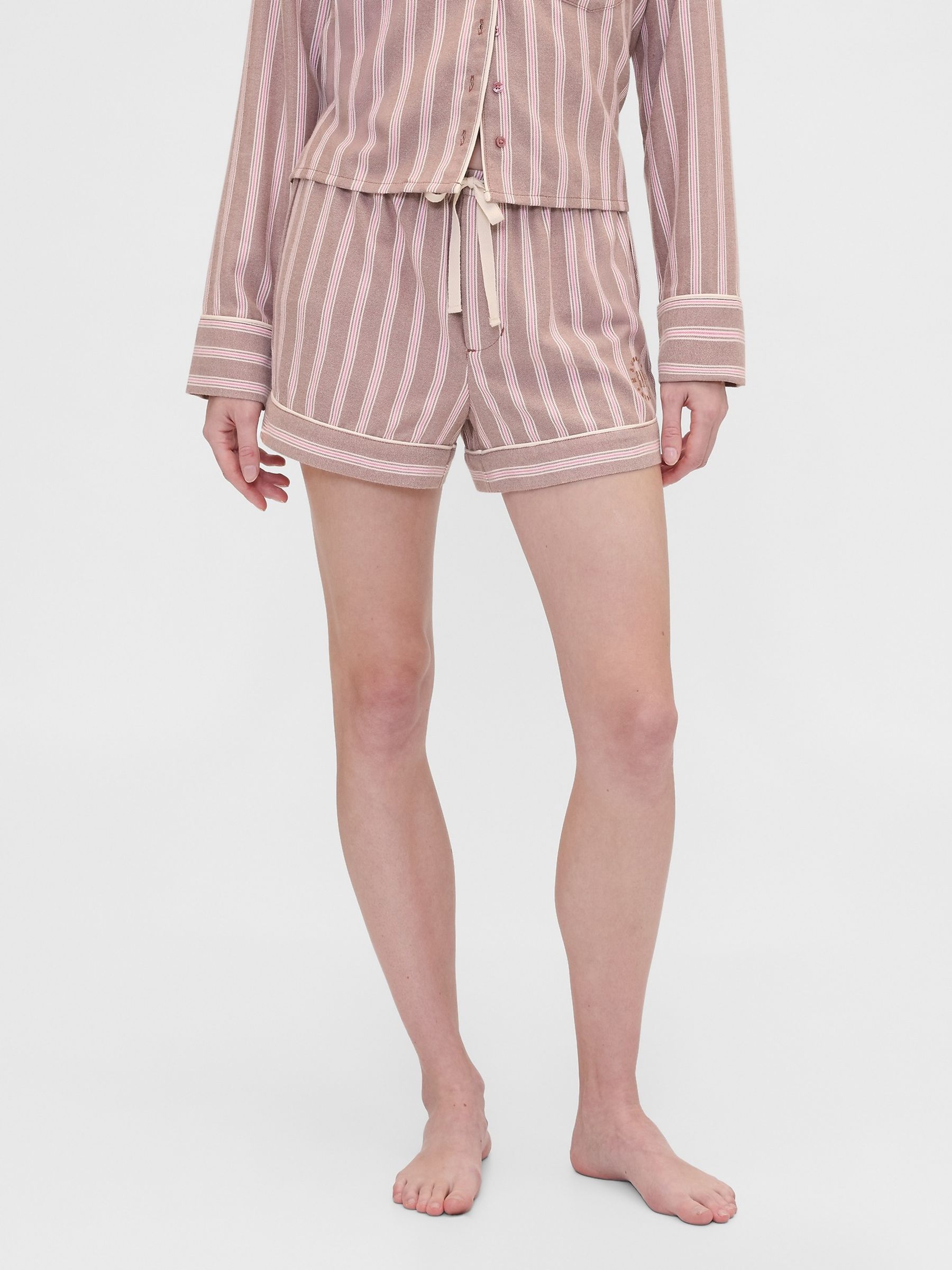 Gap X Summer Fridays Brown Striped Flannel Short Pyjama Bottoms - Image 1 of 6