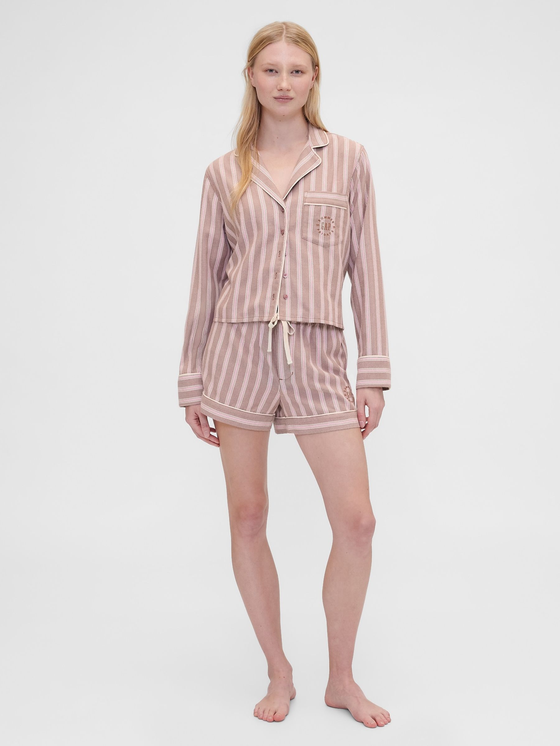 Gap X Summer Fridays Brown Striped Flannel Short Pyjama Bottoms - Image 5 of 6