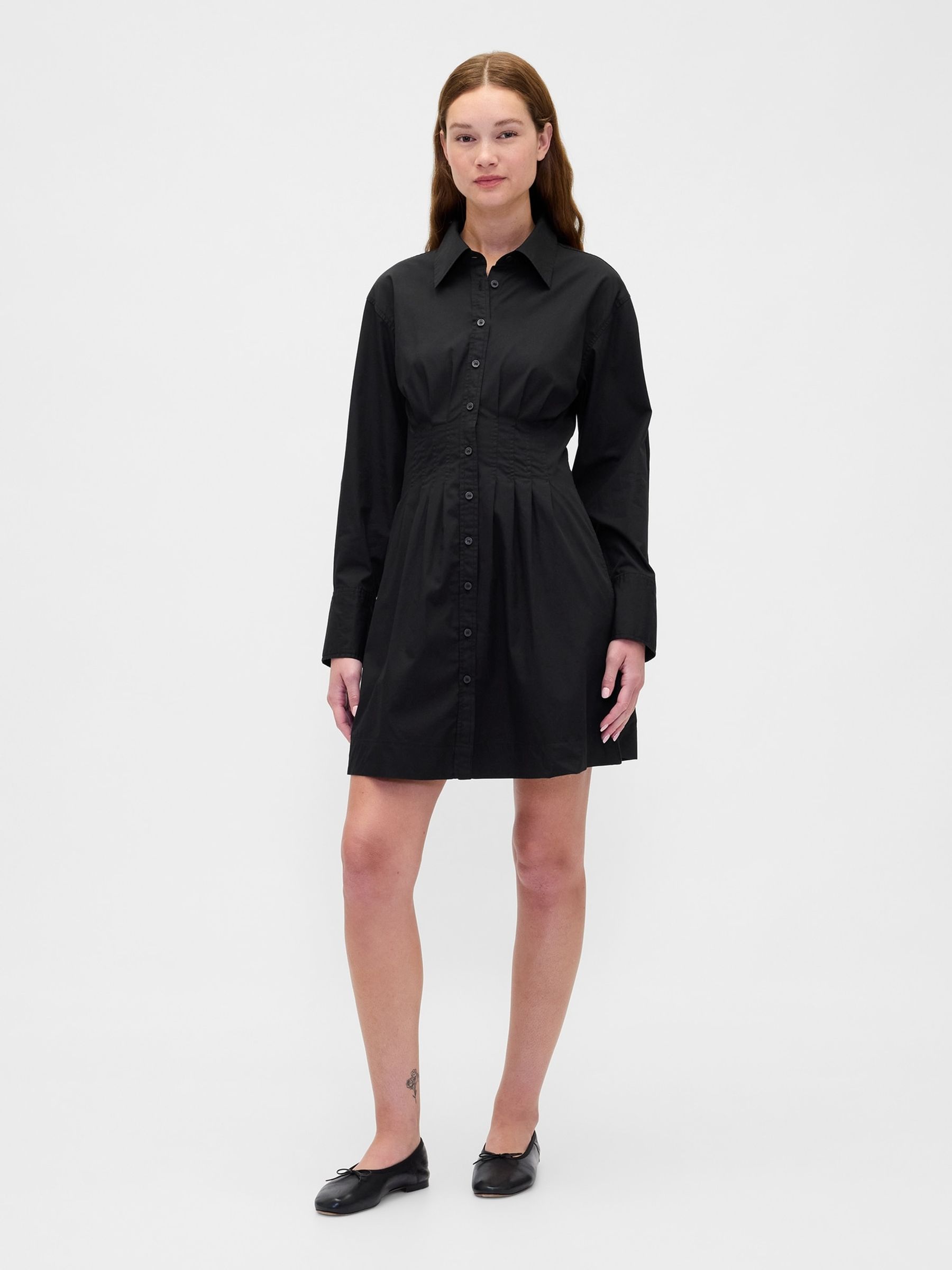 Black Pleated Mini Shirt Dress - Image 1 of 4