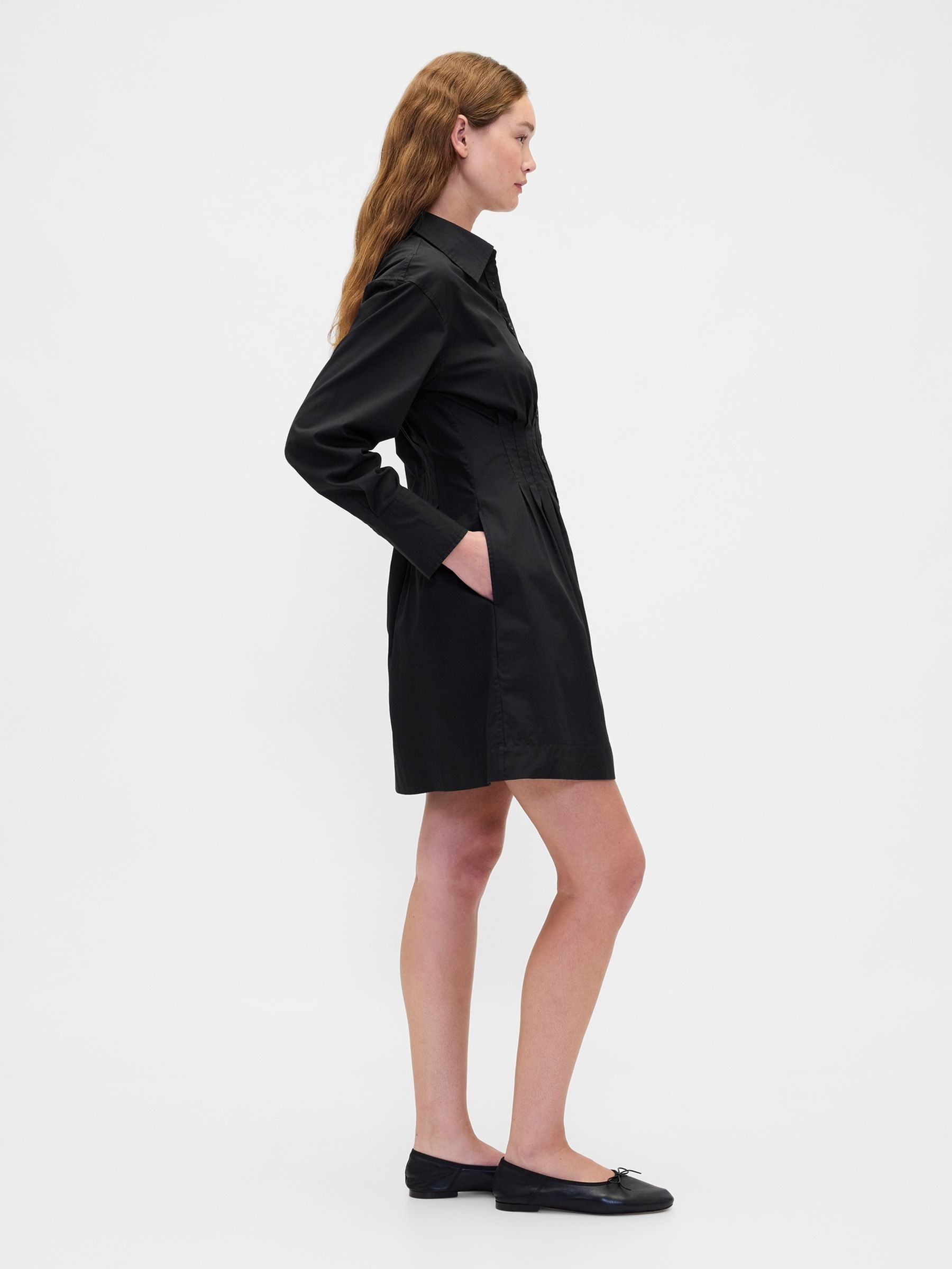 Black Pleated Mini Shirt Dress - Image 3 of 4