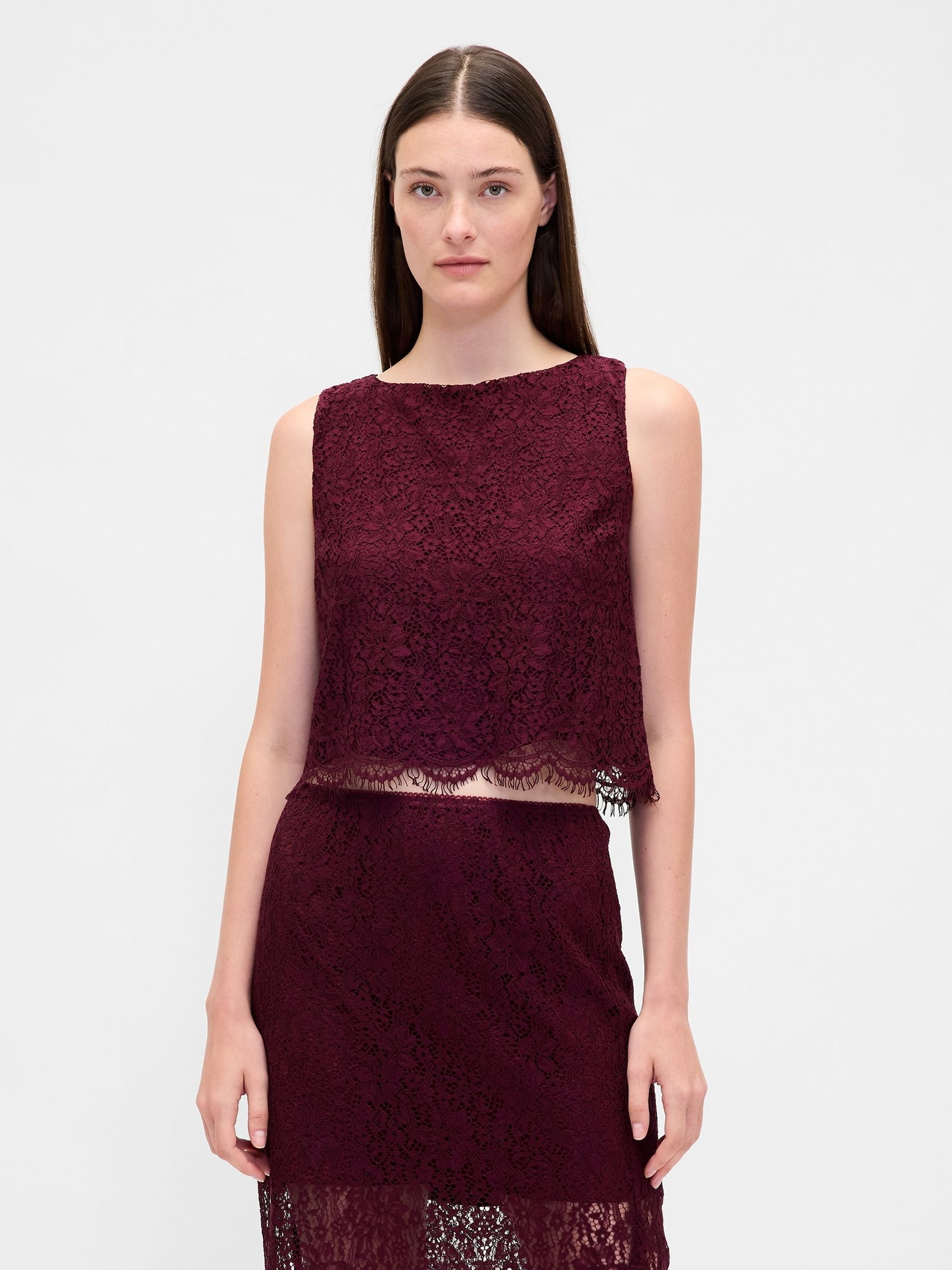 Burgundy Red Lace Boatneck Crop Shell Top - Image 1 of 4 Burgundy Red Lace Boatneck Crop Shell Top - Image 1 of 4
