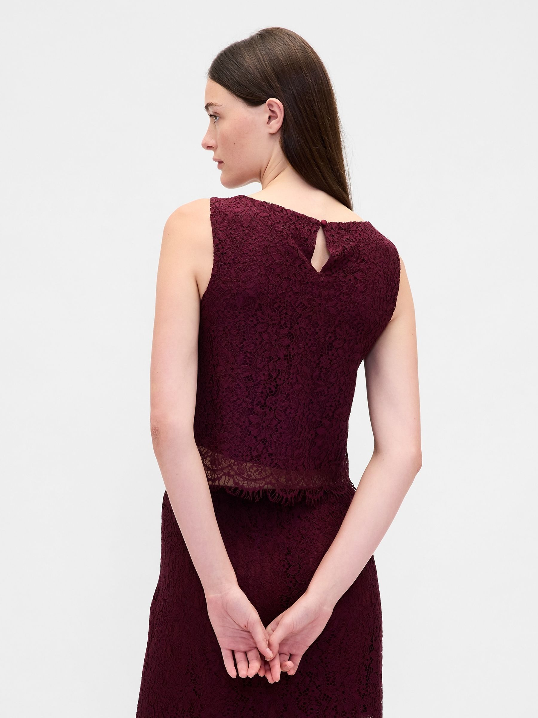 Burgundy Red Lace Boatneck Crop Shell Top - Image 2 of 4 Burgundy Red Lace Boatneck Crop Shell Top - Image 2 of 4