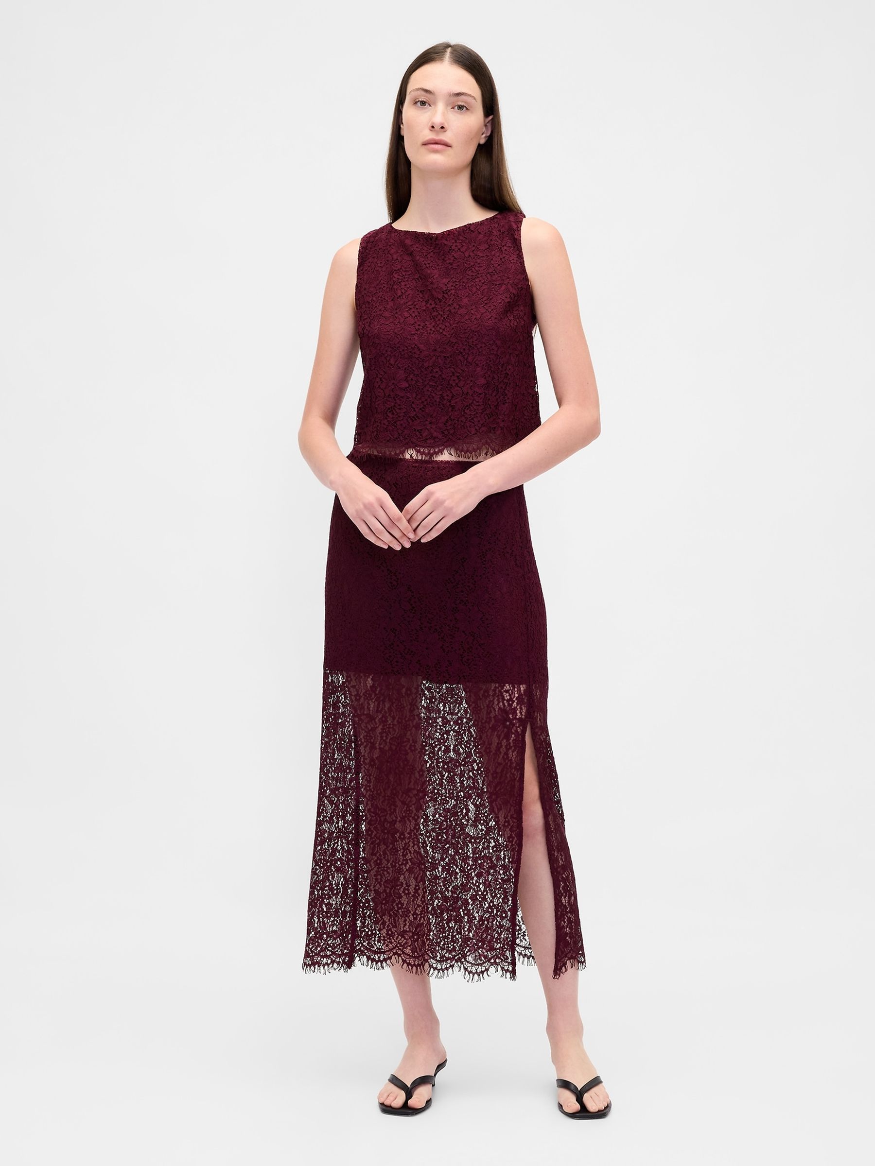 Burgundy Red Lace Boatneck Crop Shell Top - Image 3 of 4