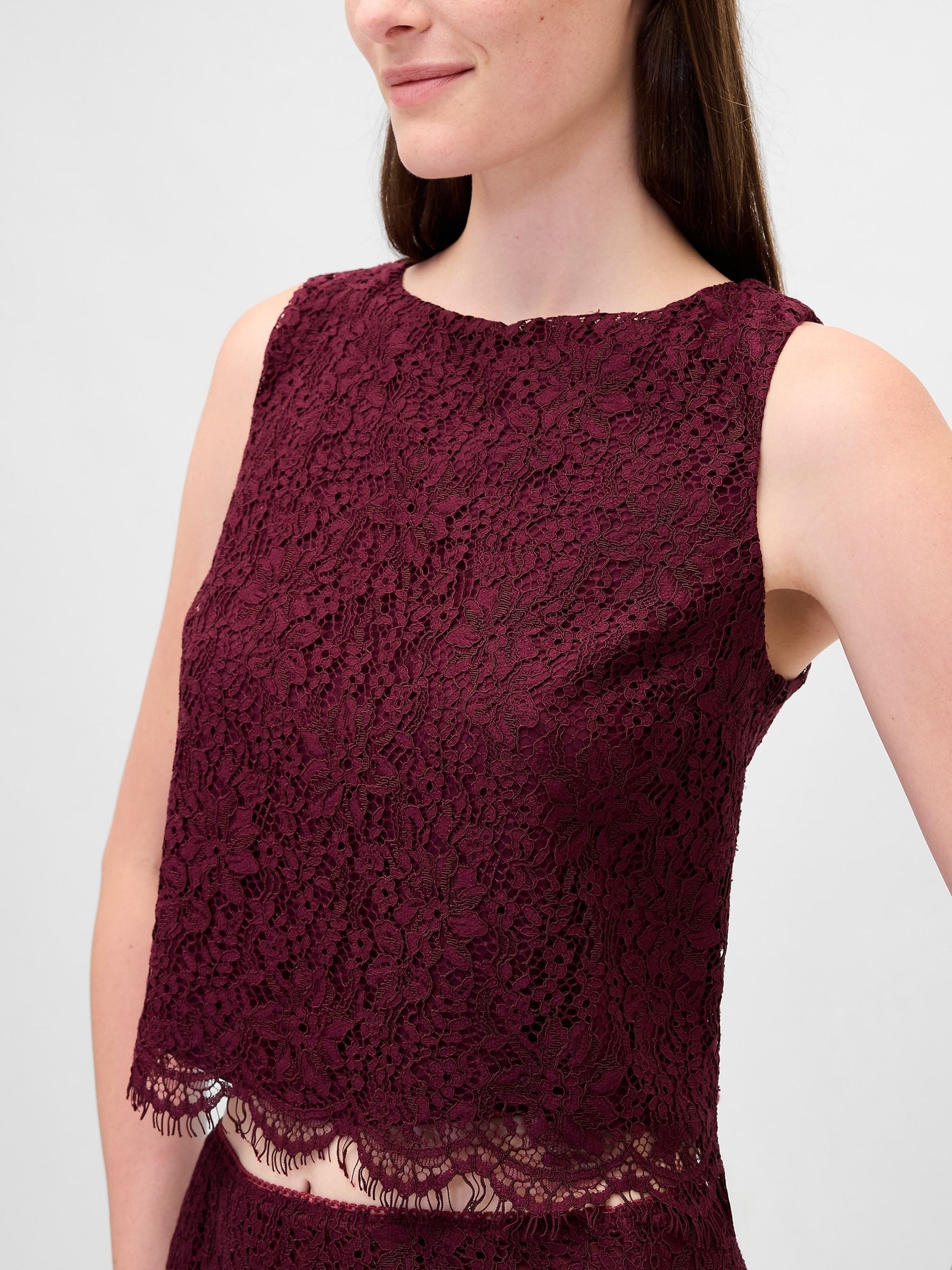 Burgundy Red Lace Boatneck Crop Shell Top - Image 4 of 4 Burgundy Red Lace Boatneck Crop Shell Top - Image 4 of 4