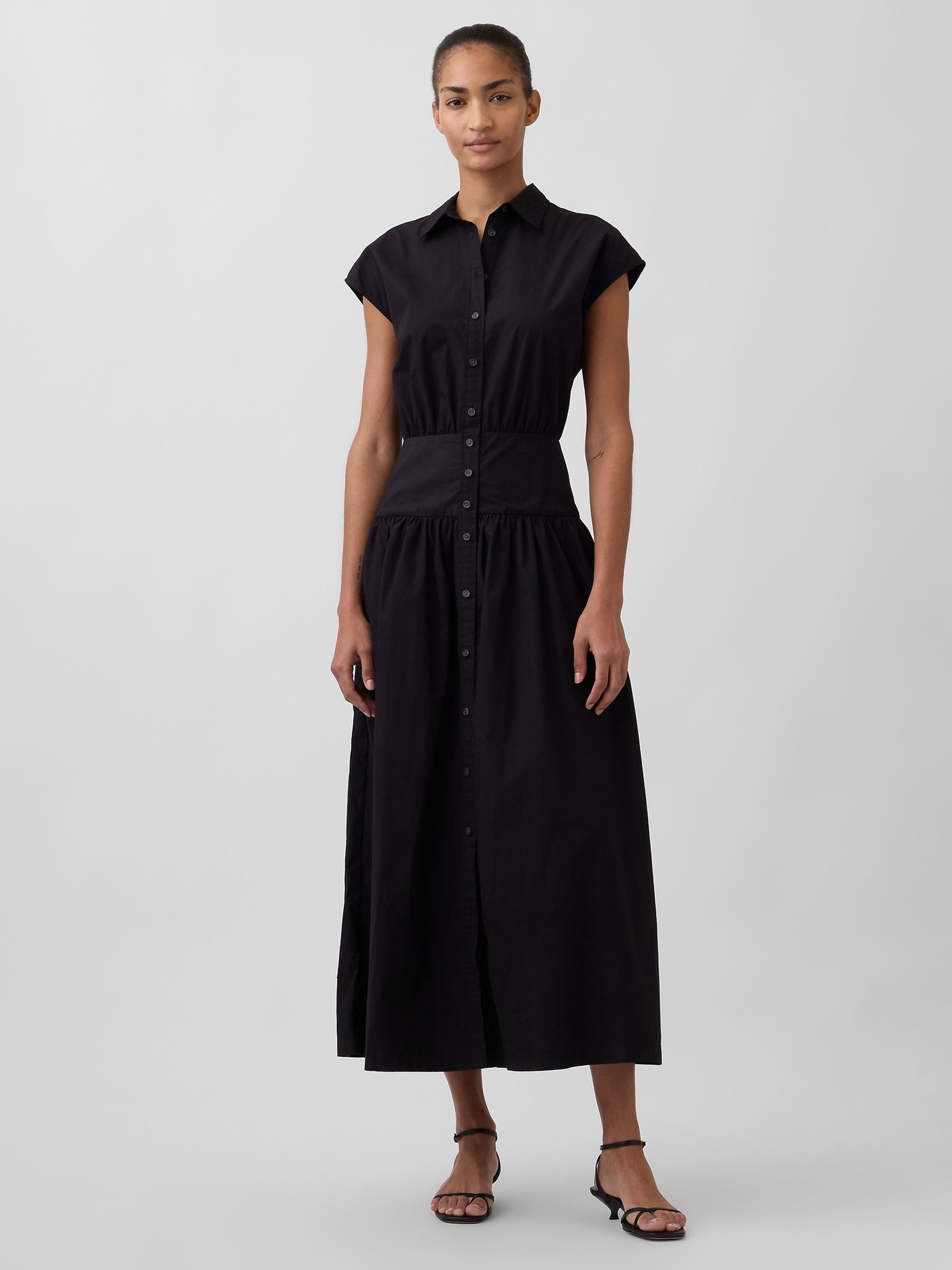 Black Poplin Drop-Waist Maxi Shirtdress - Image 1 of 4