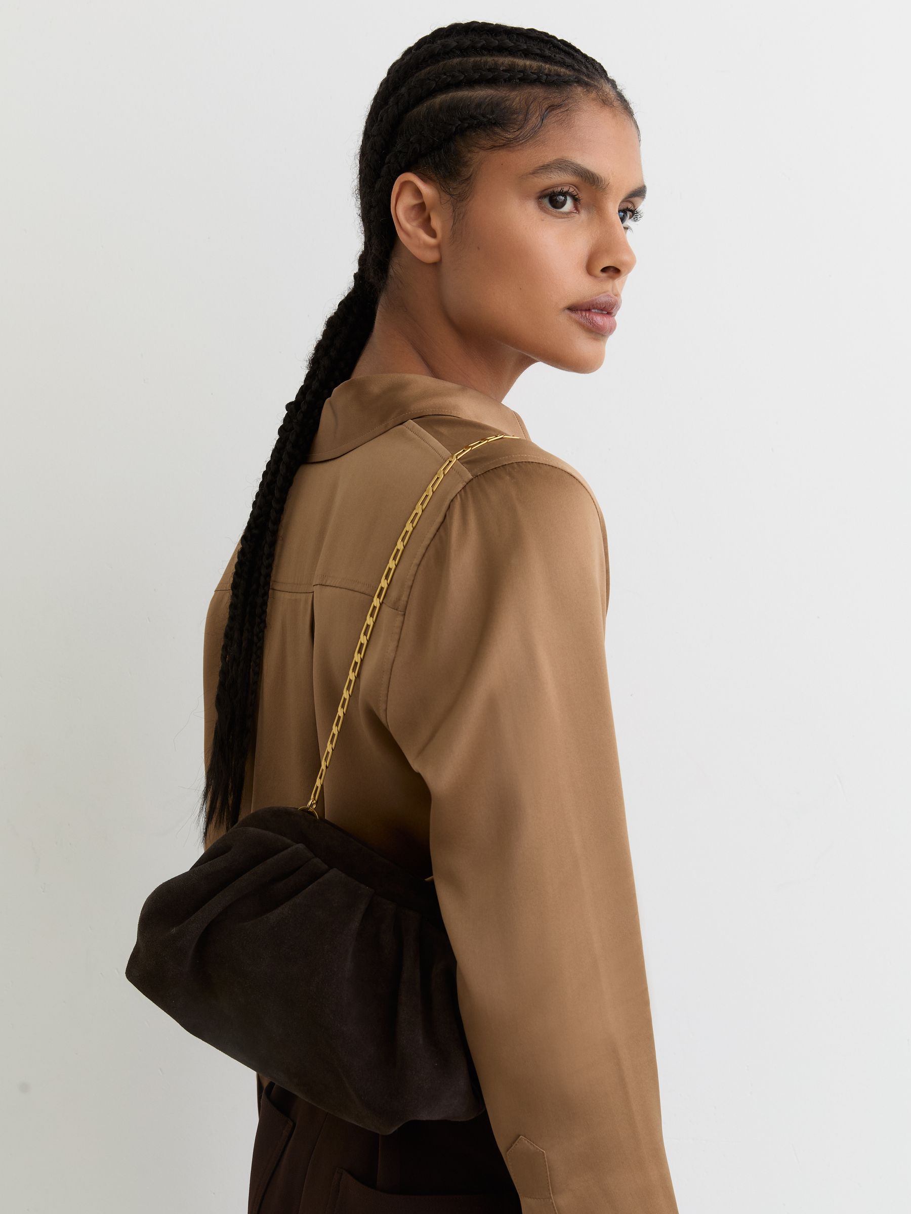 Suede Pouch Clutch Bag in Chocolate - Image 1 of 6