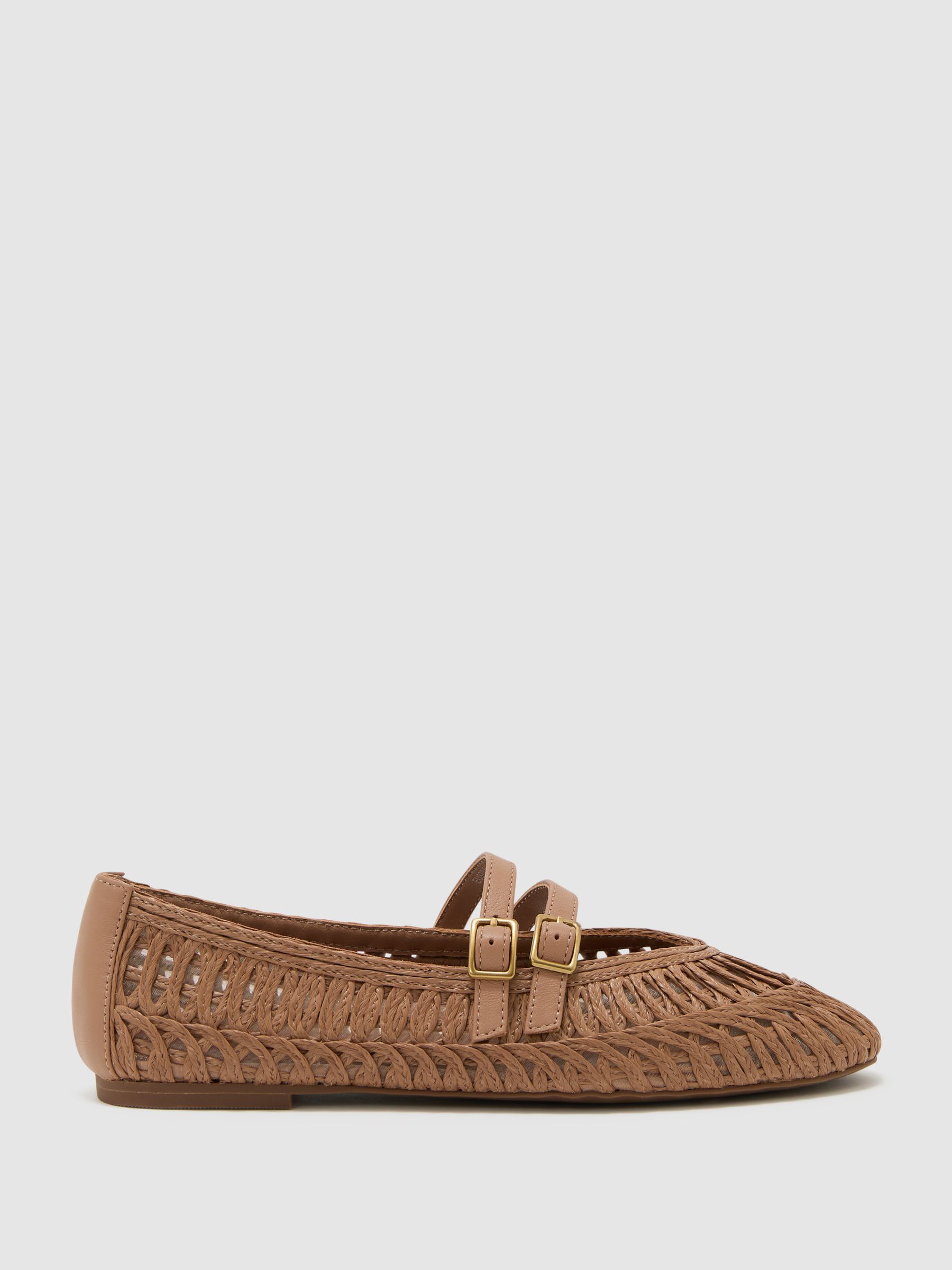 Raffia Leather-Strap Ballerina Flats in Neutral - Image 1 of 4