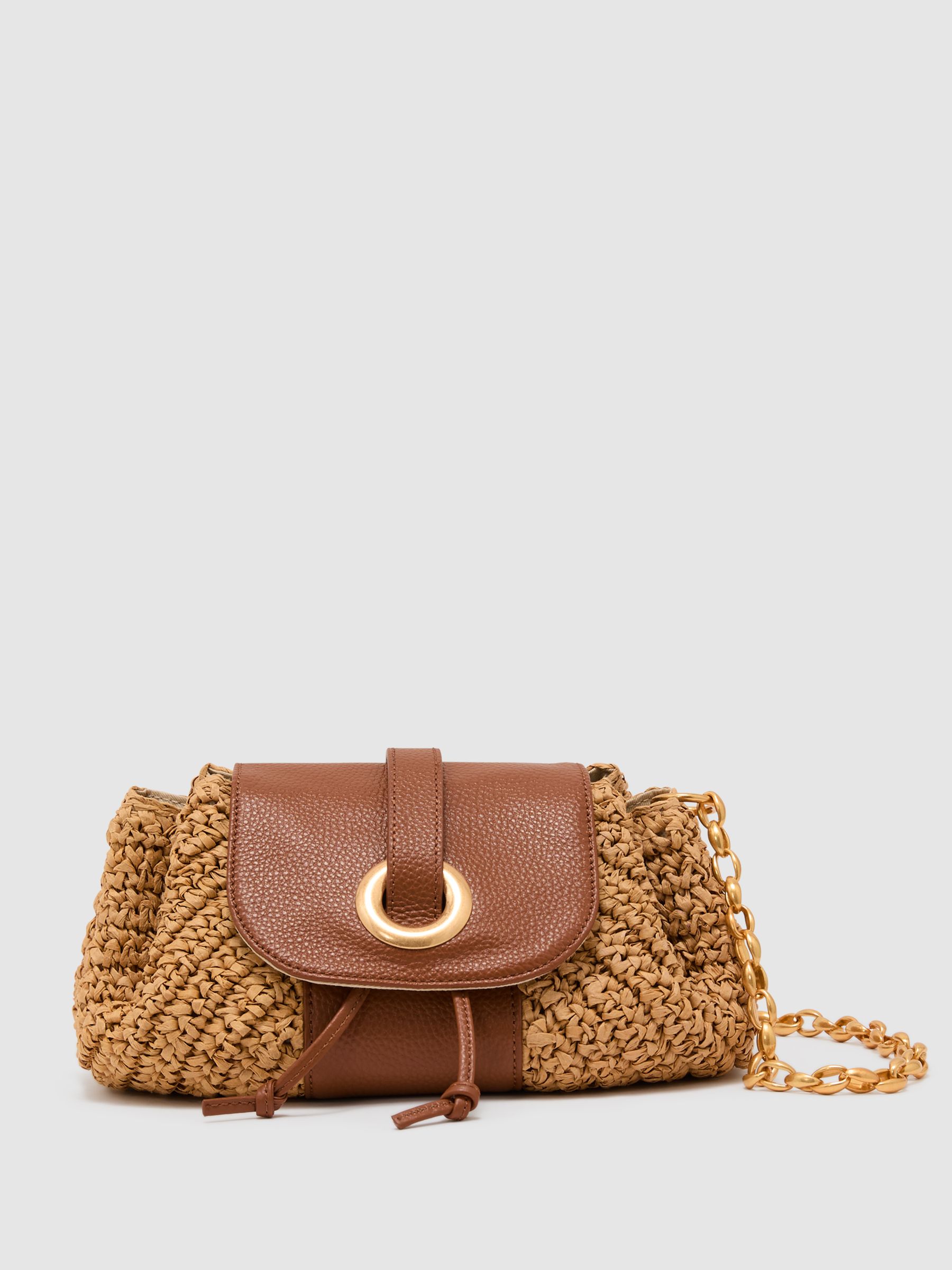 Raffia-Effect and Leather Shoulder Bag in Natural - Image 1 of 7