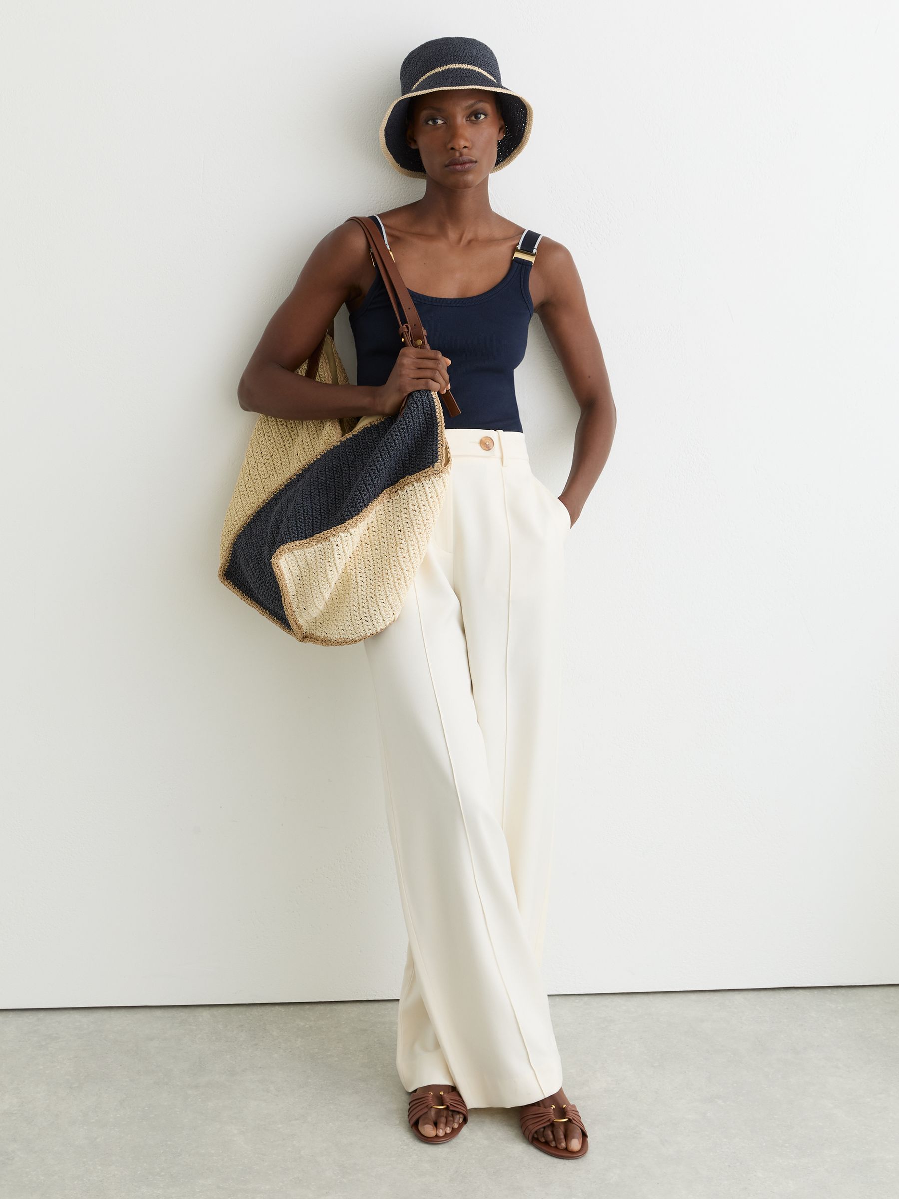 Tipped Straw Bucket Hat in Navy - Image 3 of 5