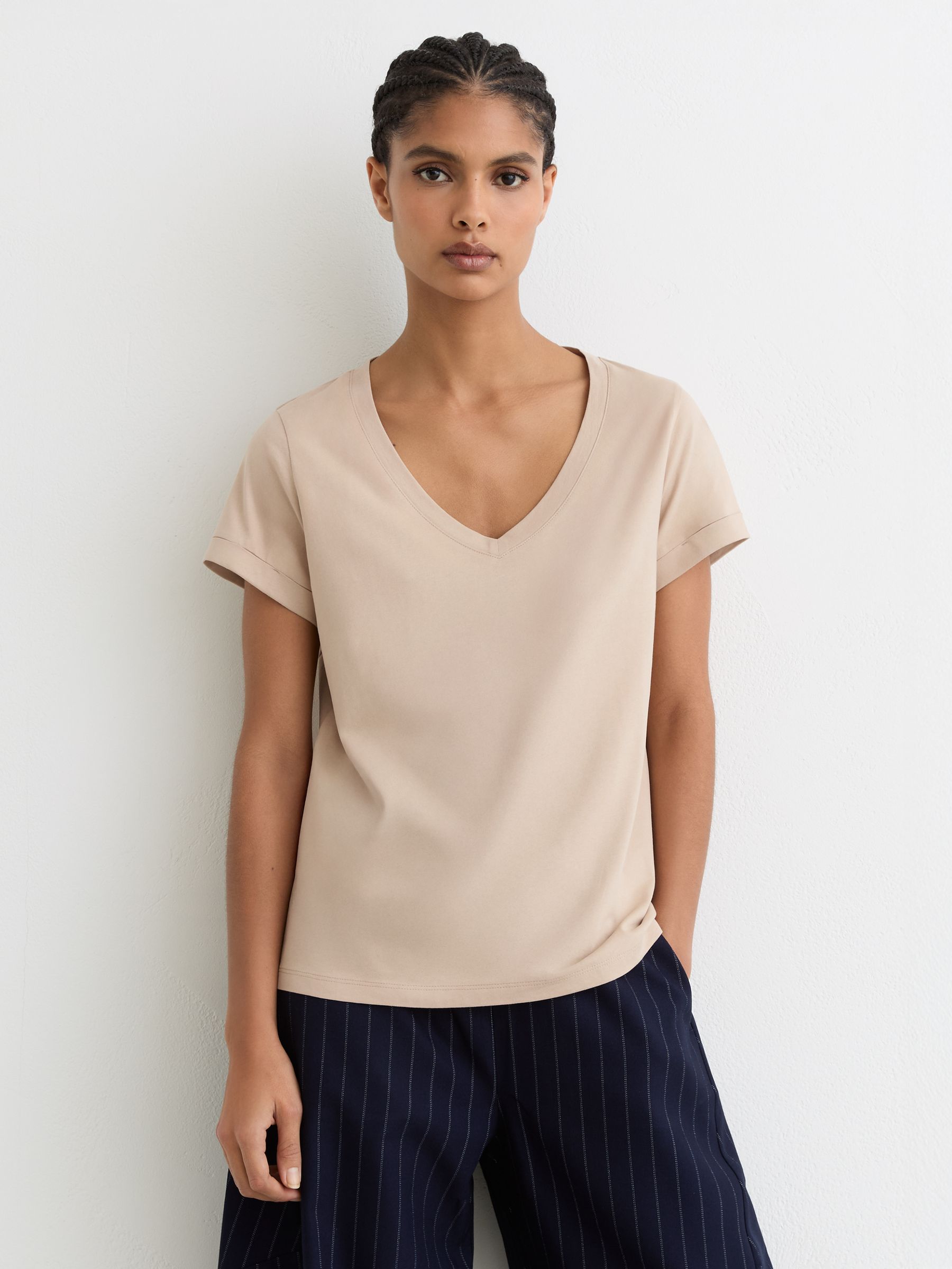 Brushed-Cotton V-Neck T-Shirt in Camel - Image 3 of 6