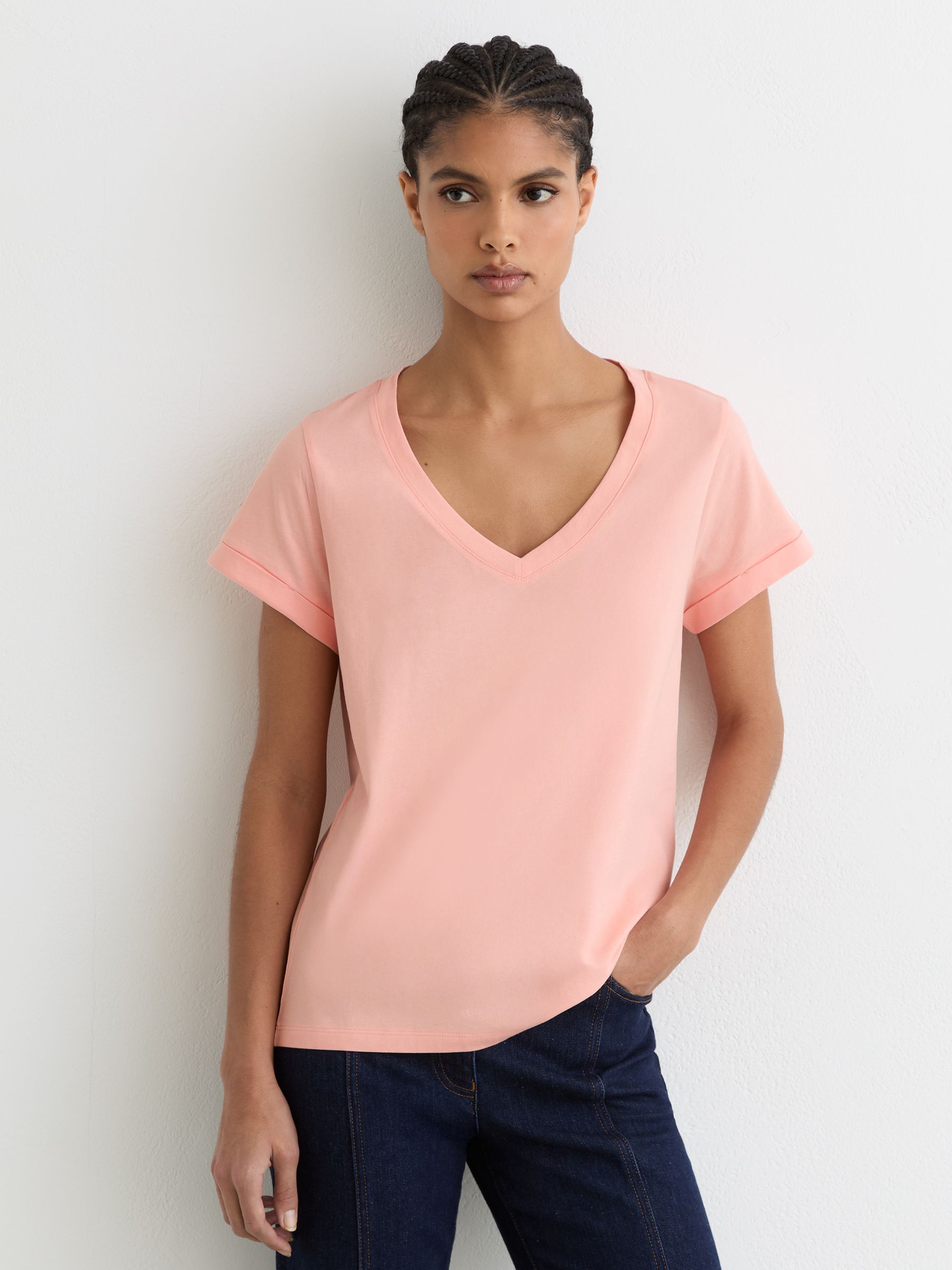 Brushed-Cotton V-Neck T-Shirt in Pink - image 2