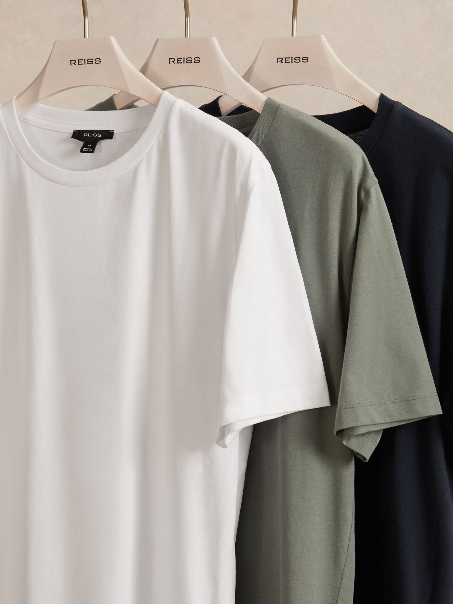 Cotton Crew-Neck T-shirts 3 Pack in White/Navy/Sage - Image 1 of 7