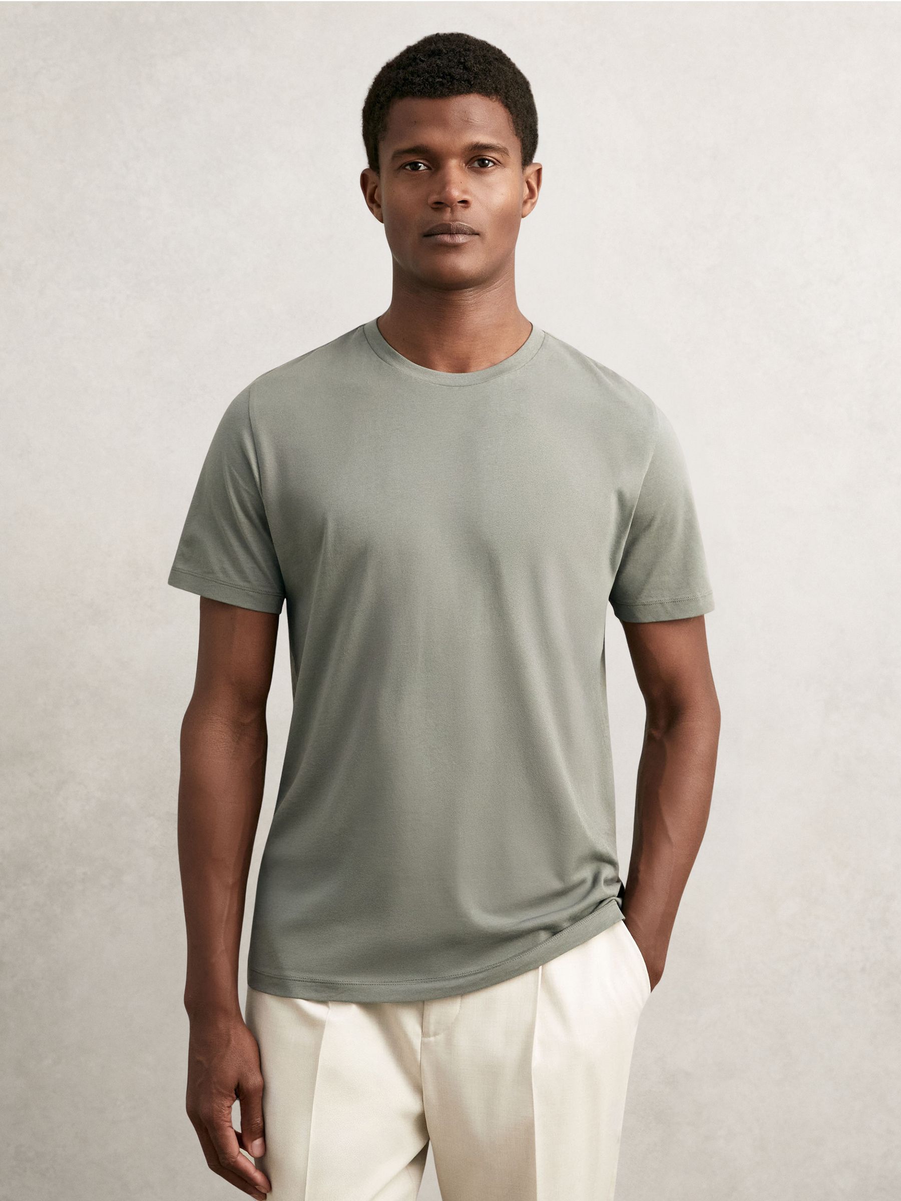 Cotton Crew-Neck T-shirts 3 Pack in White/Navy/Sage - Image 5 of 7