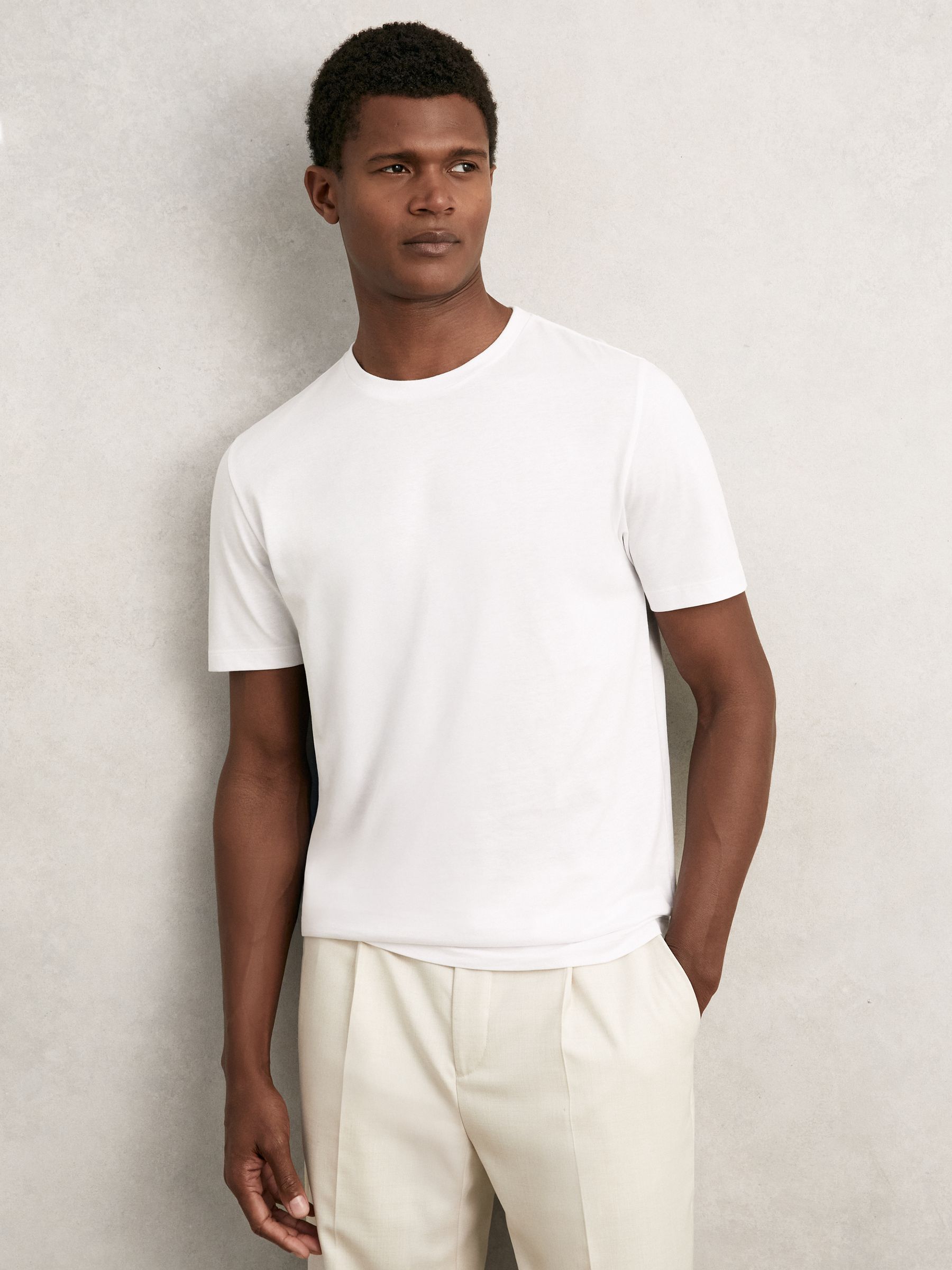 Cotton Crew-Neck T-shirts 3 Pack in White/Navy/Sage - Image 6 of 7