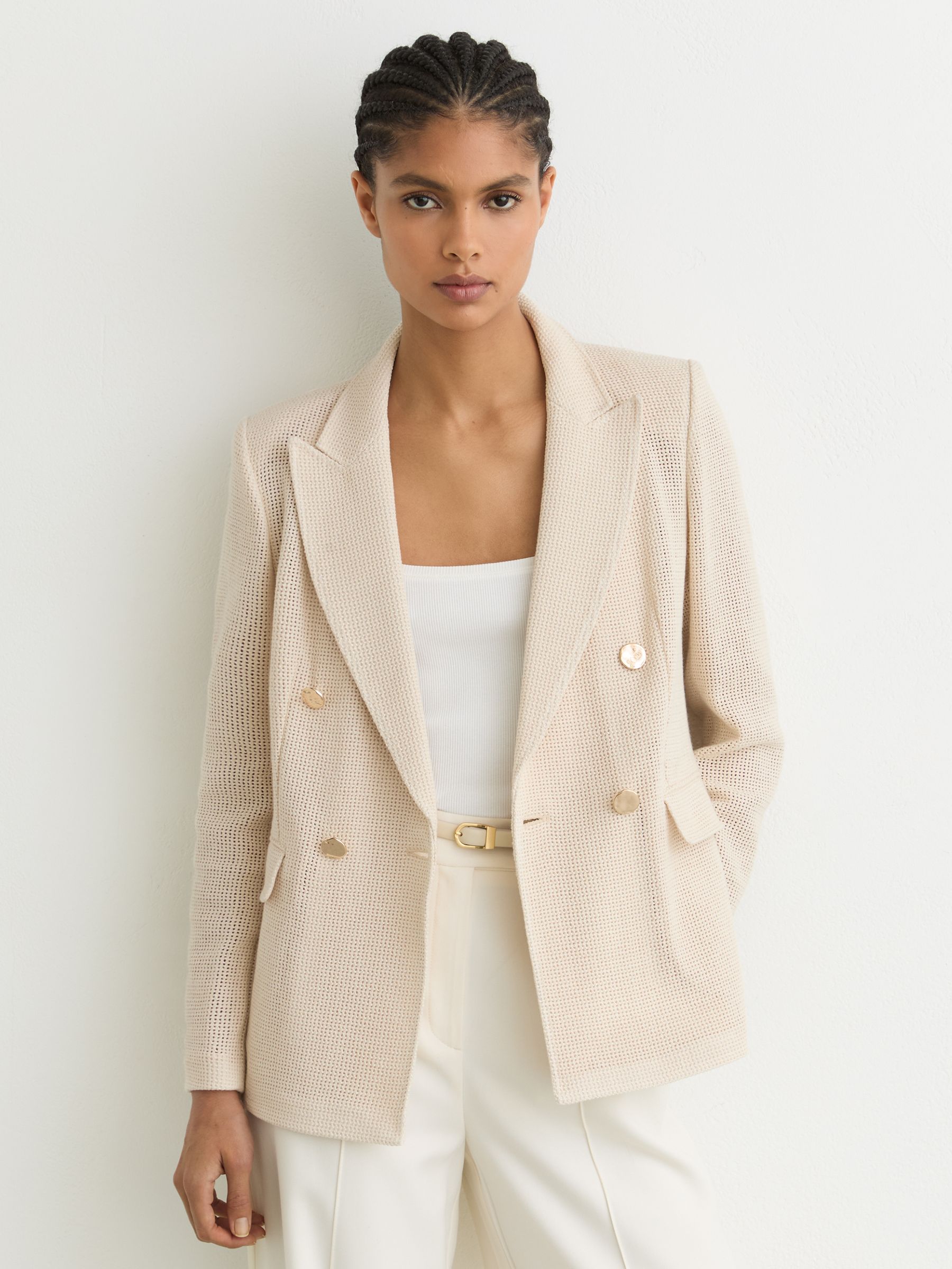 Petite Open-Weave Double-Breasted Blazer in Cream - Image 1 of 7