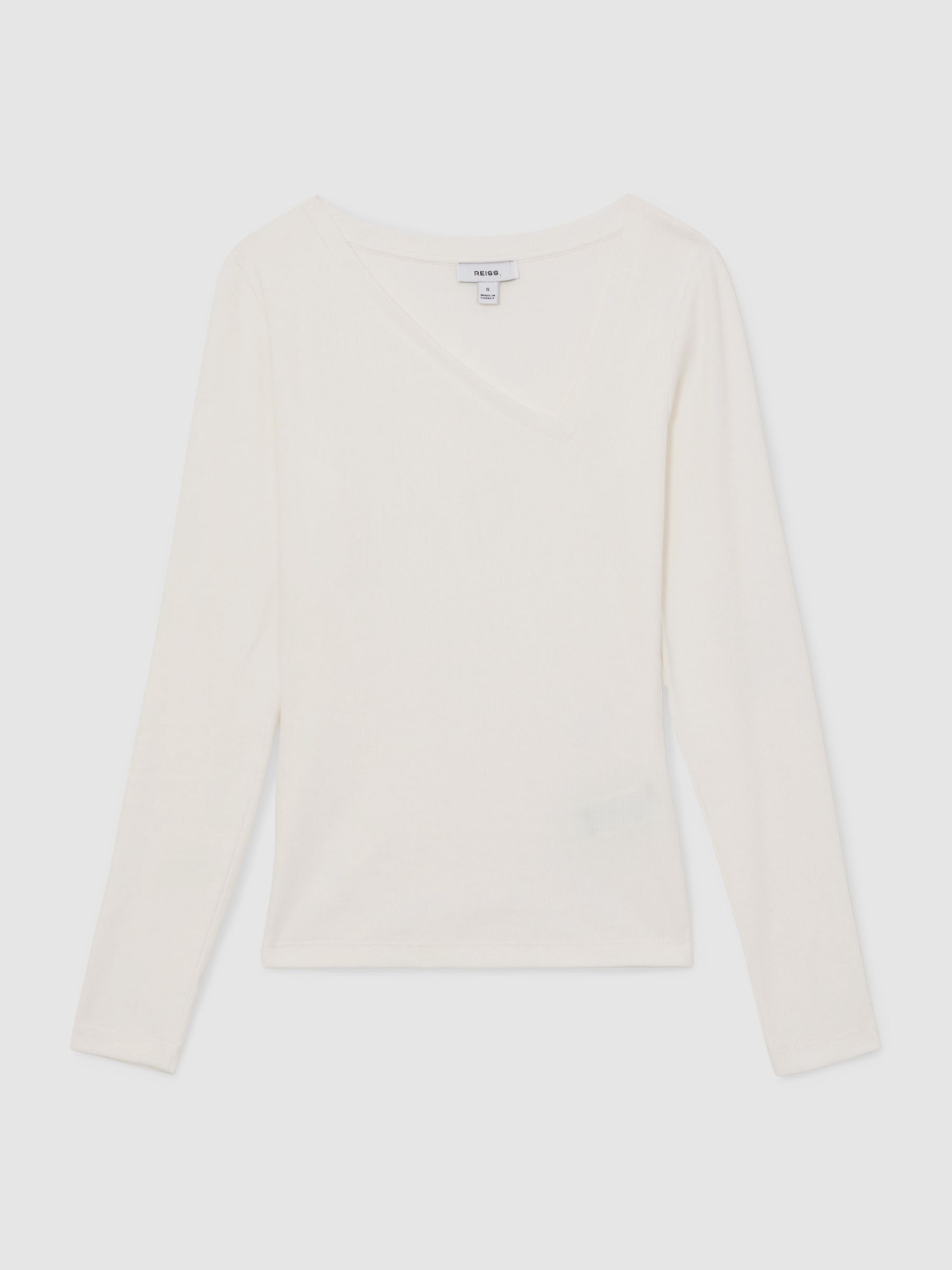 Stretch-Cotton Asymmetric-Neck Top in White