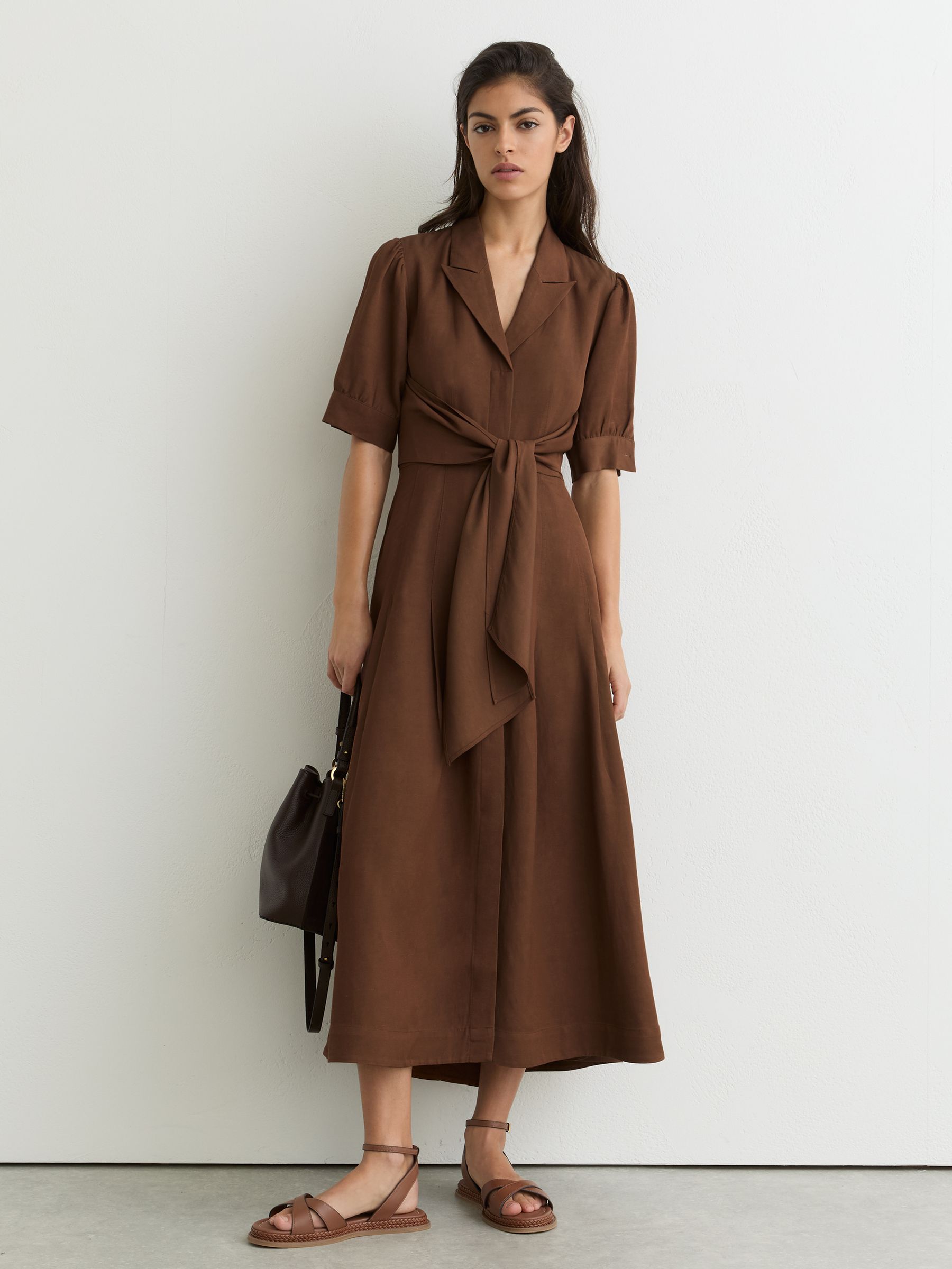 Short-Sleeve Belted Midi Dress with Linen in Rust Orange - Image 1 of 7