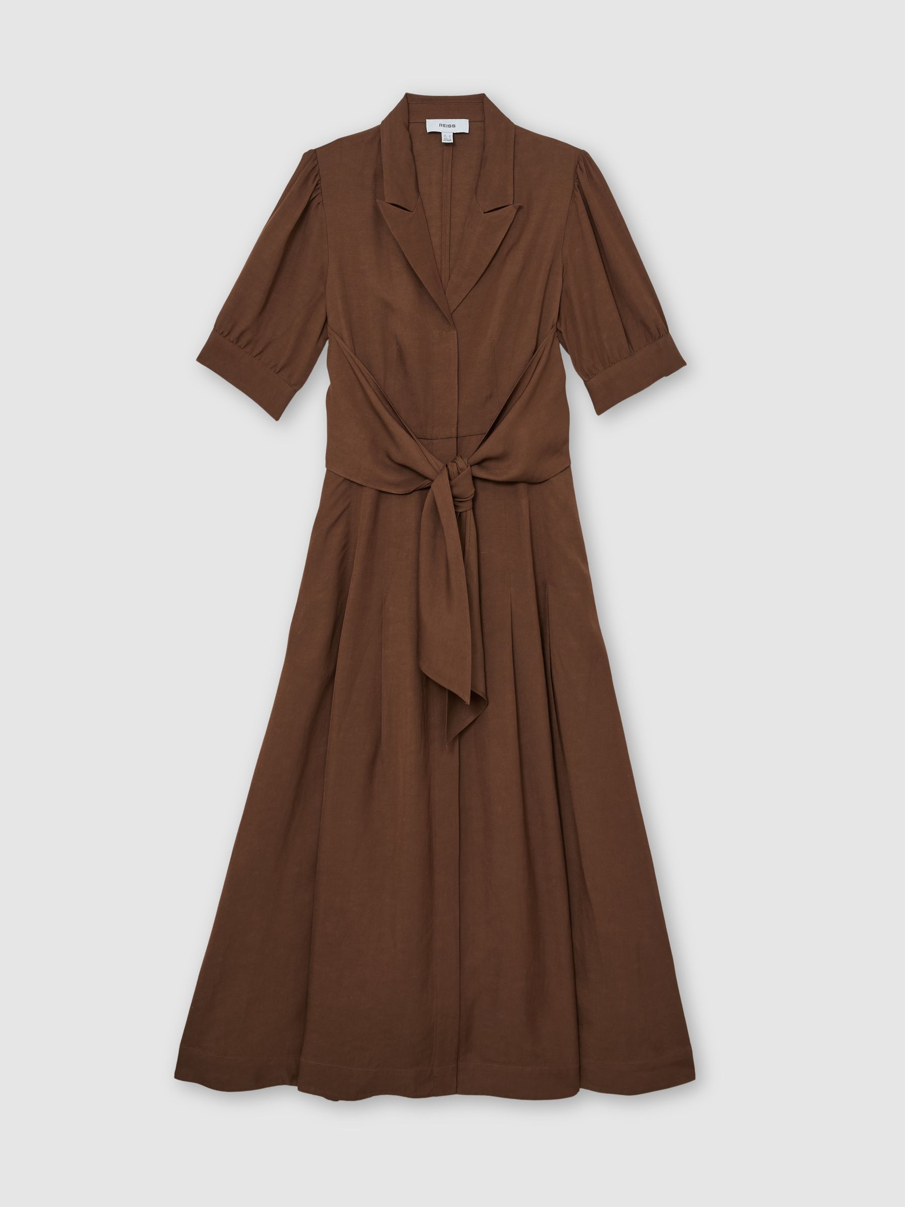 Short-Sleeve Belted Midi Dress with Linen in Rust Orange - image 1