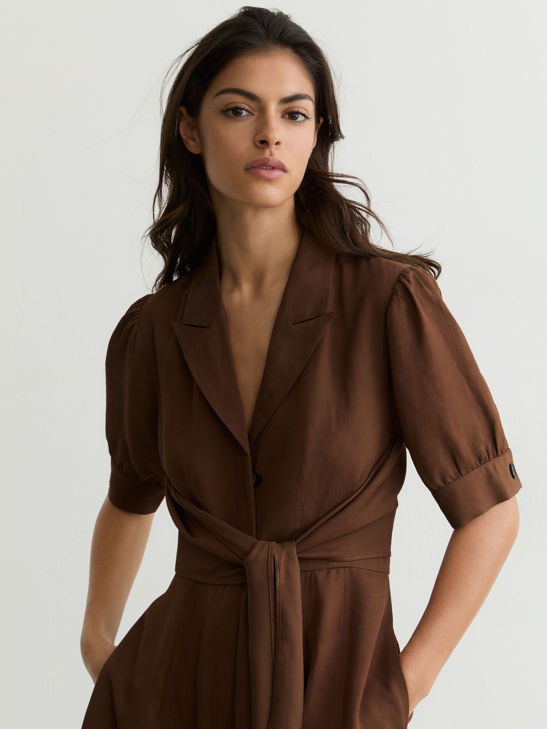 Short-Sleeve Belted Midi Dress with Linen in Rust Orange - image 5