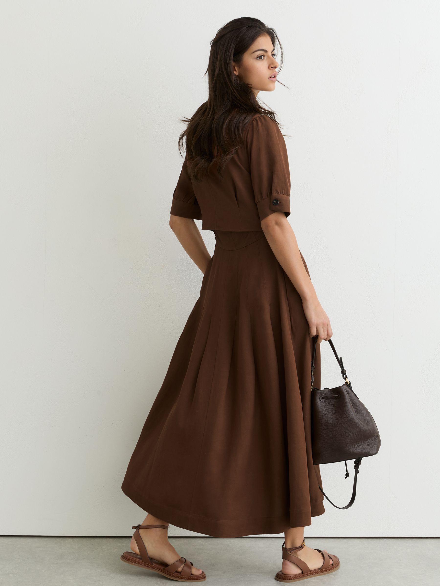 Short-Sleeve Belted Midi Dress with Linen in Rust Orange - image 3