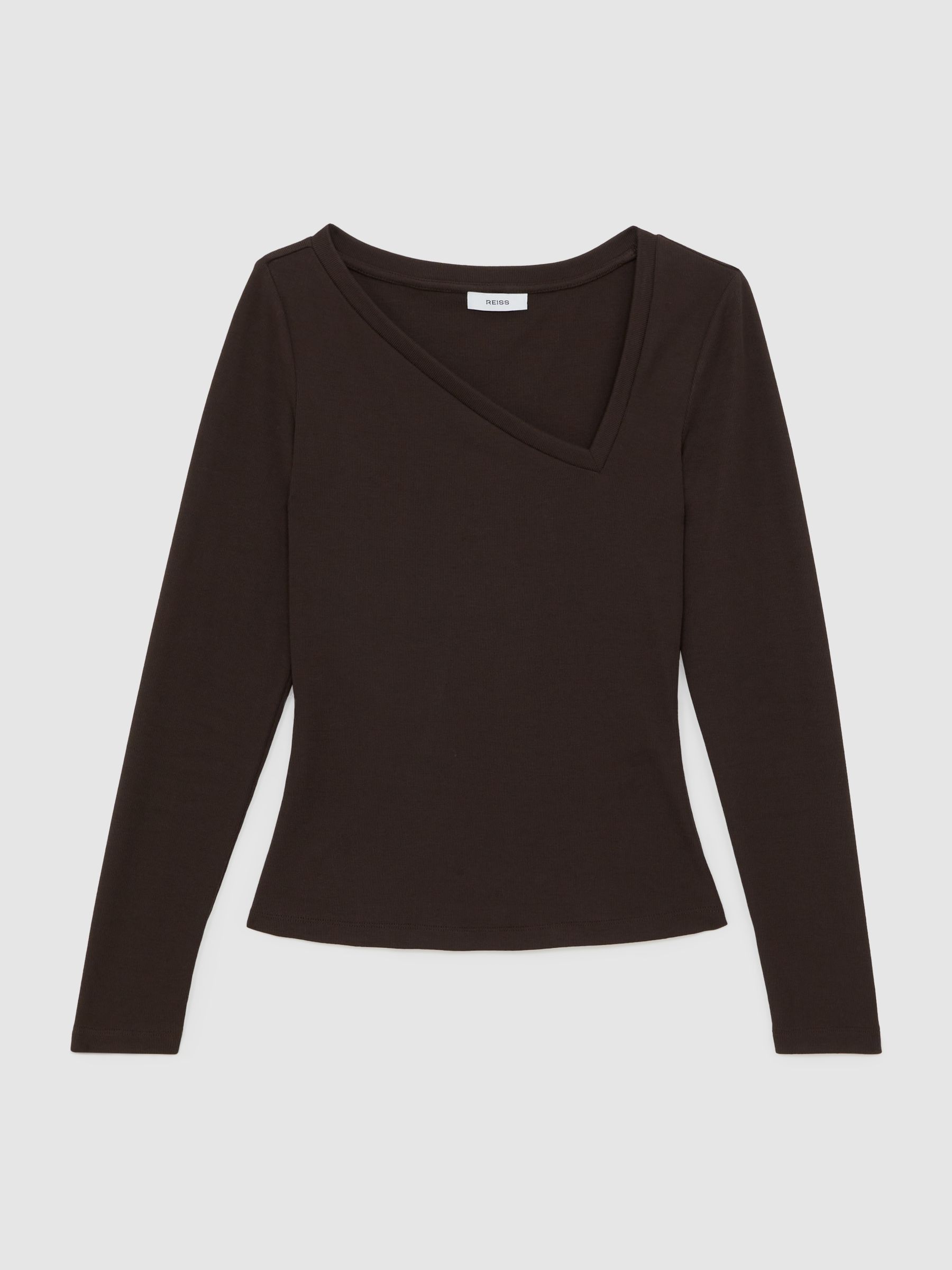 Stretch-Cotton Asymmetric-Neck Top in Chocolate Brown - Image 2 of 6