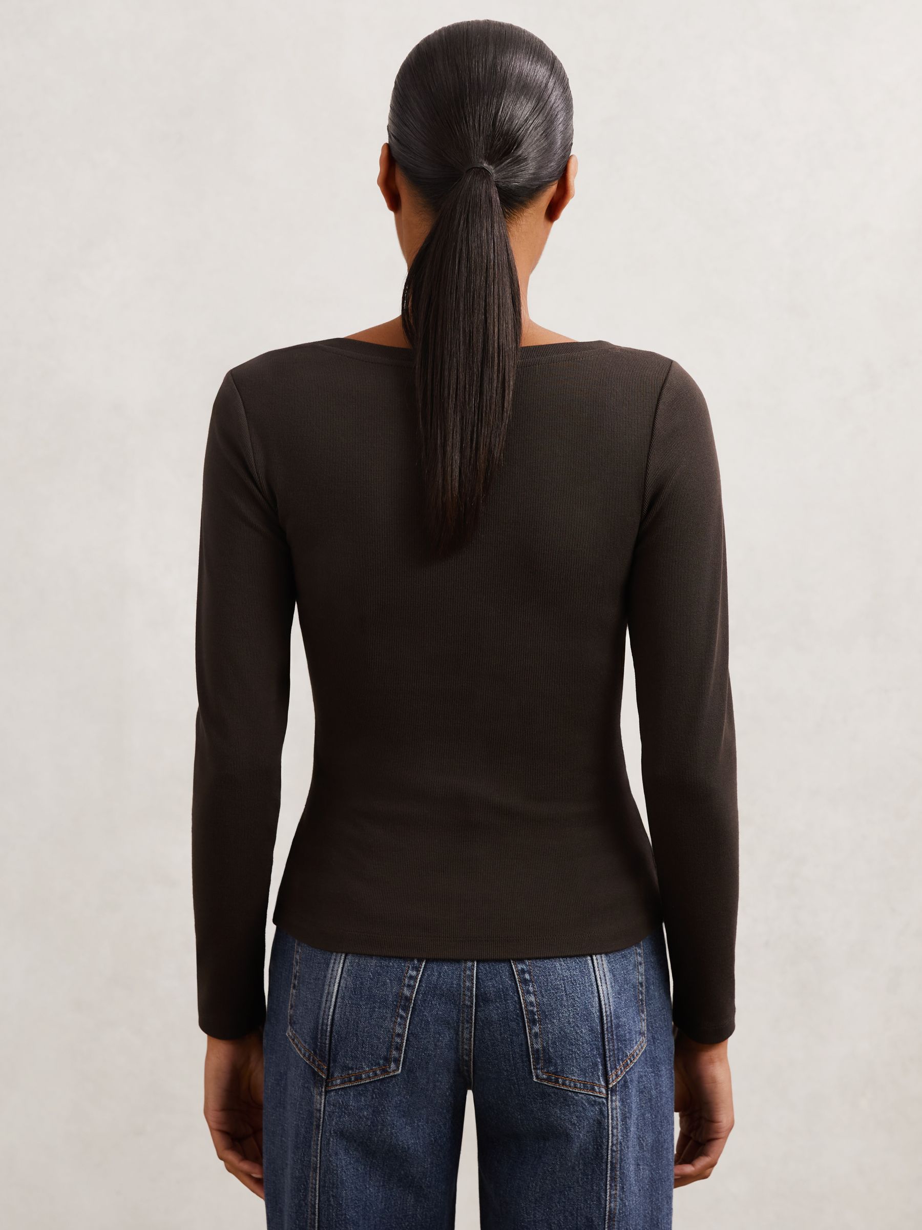 Stretch-Cotton Asymmetric-Neck Top in Chocolate Brown - Image 5 of 6
