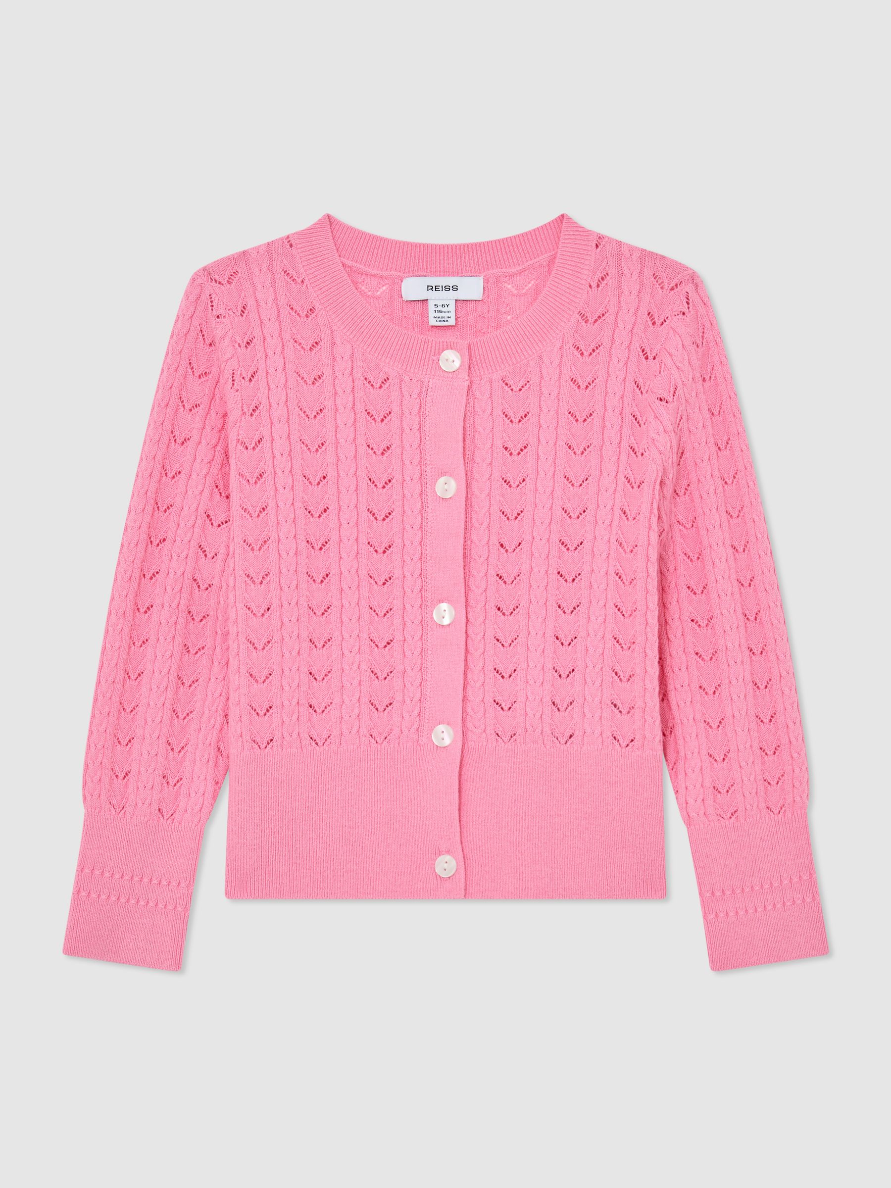 Wool-Cotton Pointelle Cardigan in Bright Pink - Image 1 of 4