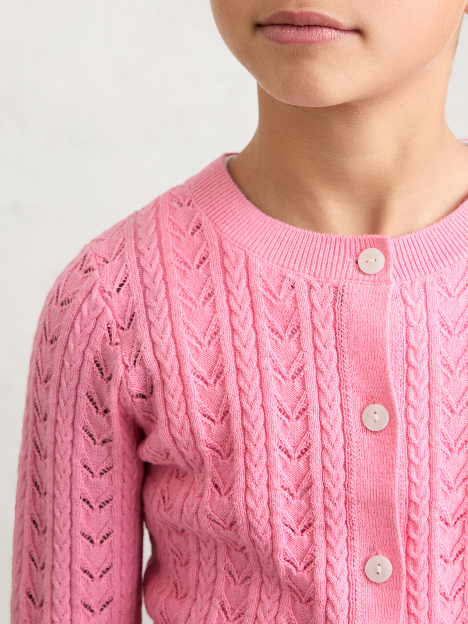 Wool-Cotton Pointelle Cardigan in Bright Pink - Image 3 of 4