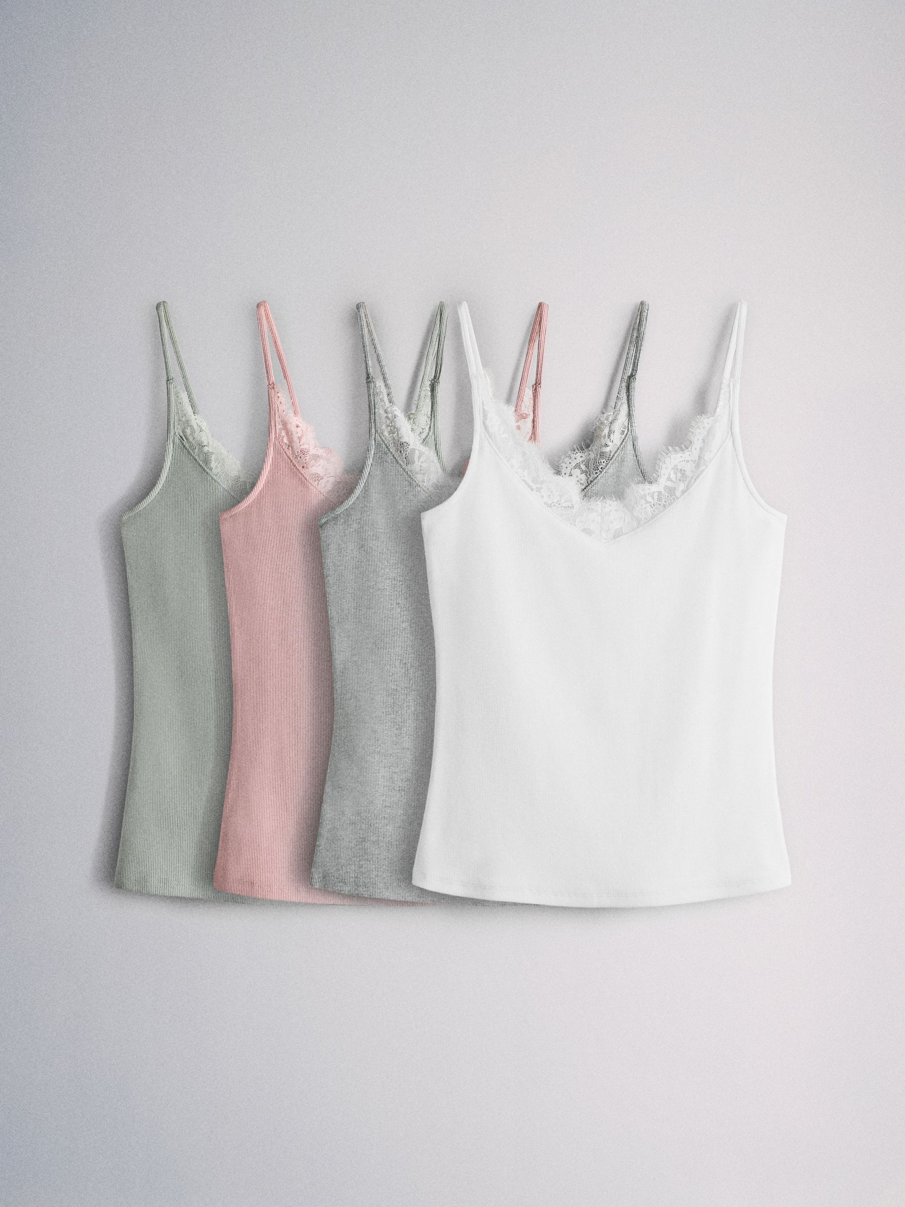 4 Pack Ribbed Lace Trim Cami Vest White/Grey/Pink/Green - Image 1 of 6