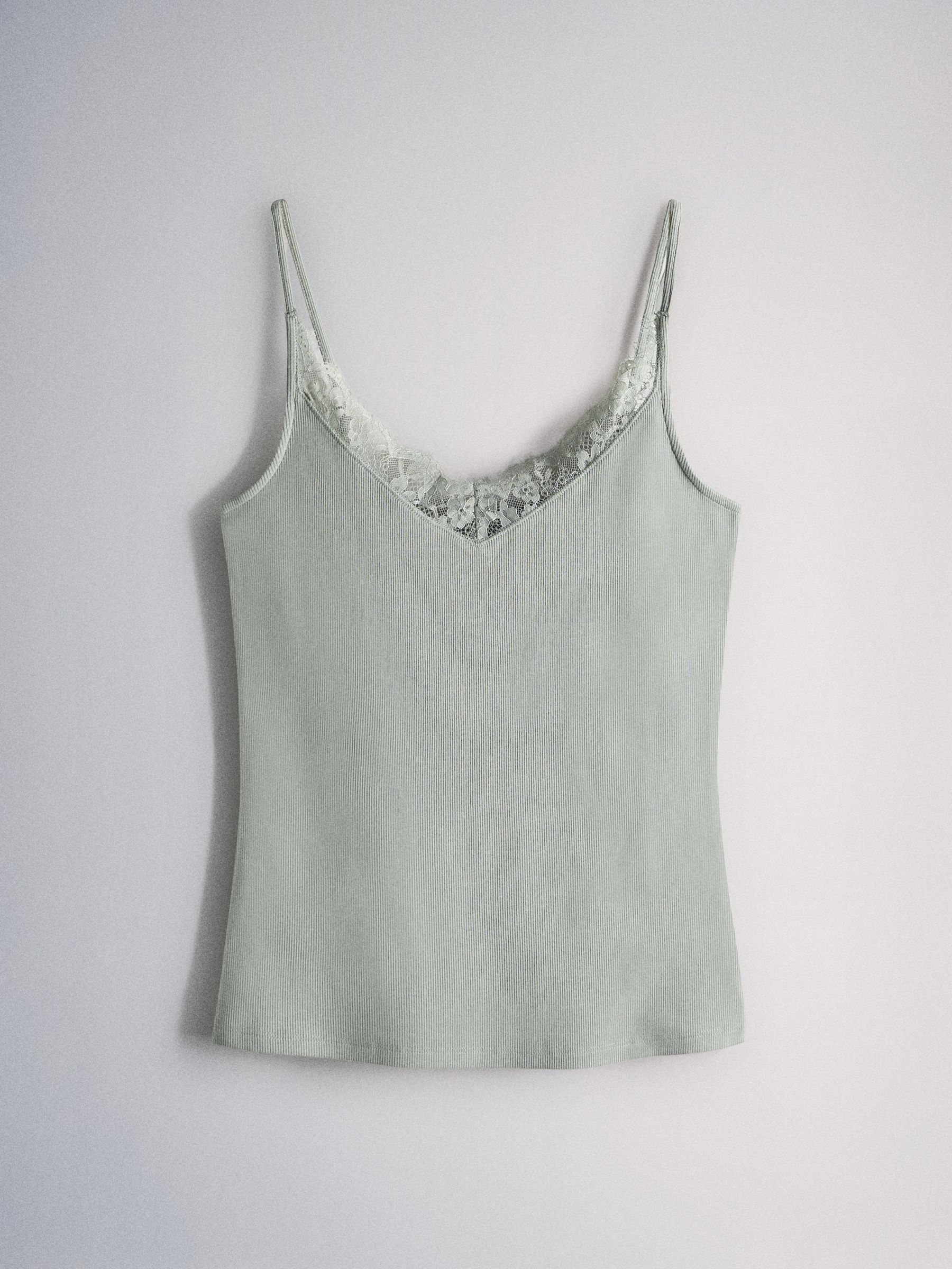4 Pack Ribbed Lace Trim Cami Vest White/Grey/Pink/Green - Image 2 of 6