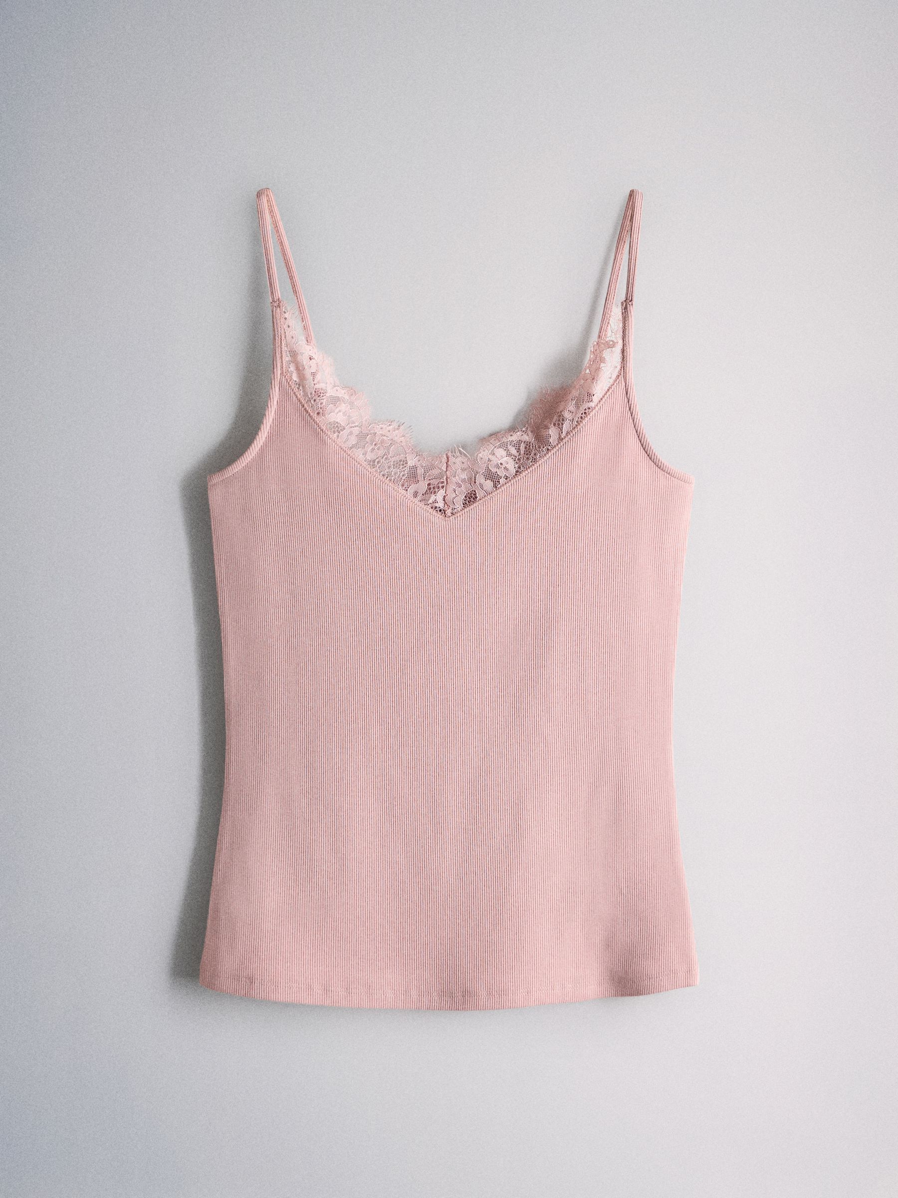 4 Pack Ribbed Lace Trim Cami Vest White/Grey/Pink/Green - Image 4 of 6