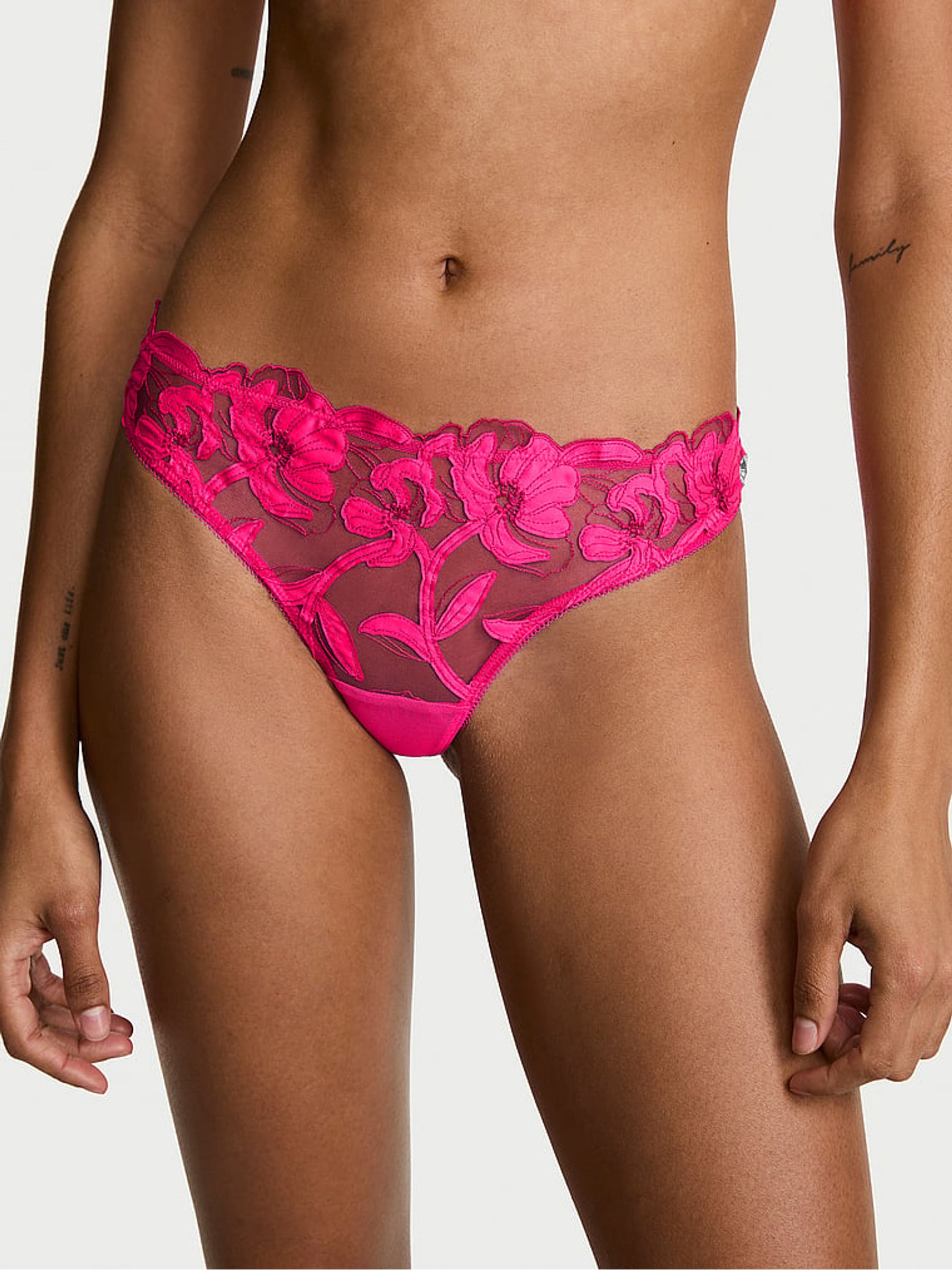 Haute Pink Thong Floral Embroidered Knickers - Image 1 of 3