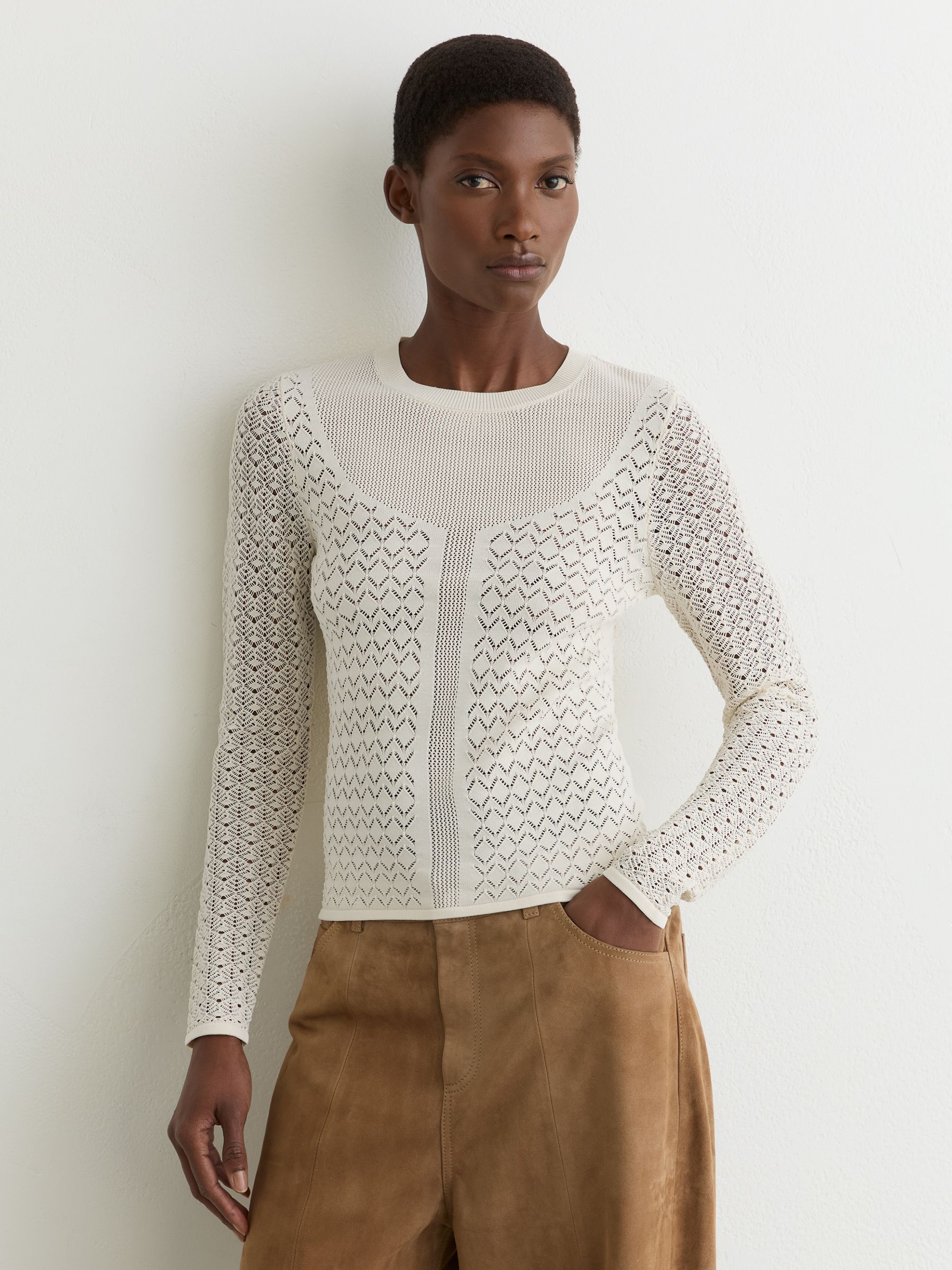 Pointelle-Knit Long-Sleeve Top in Ivory - Image 1 of 6