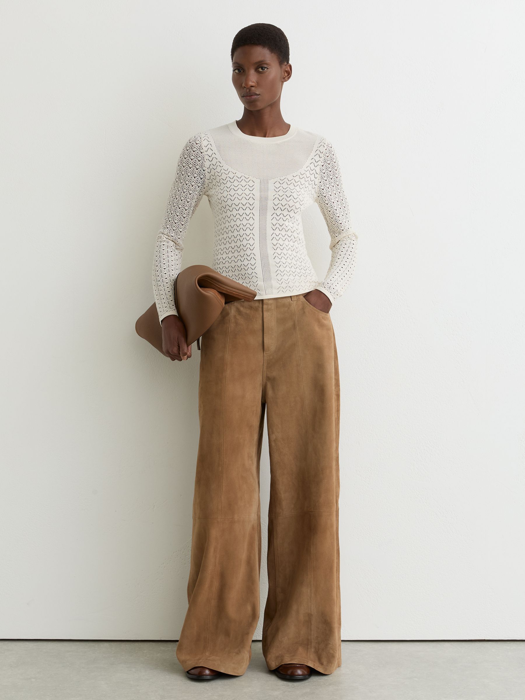 Pointelle-Knit Long-Sleeve Top in Ivory - Image 3 of 6