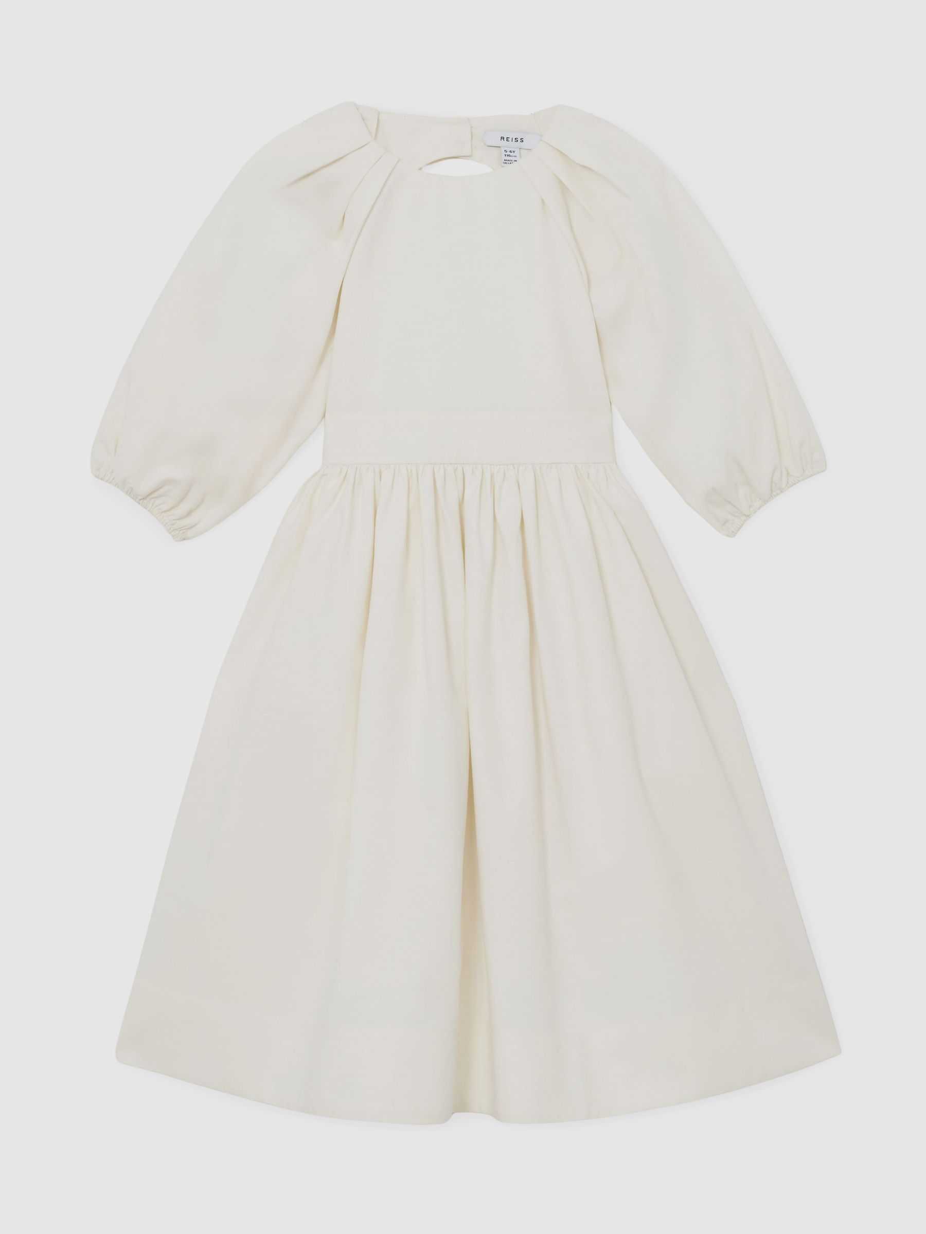 Puff-Sleeve Tie-Back Midi Dress in White - Image 1 of 6