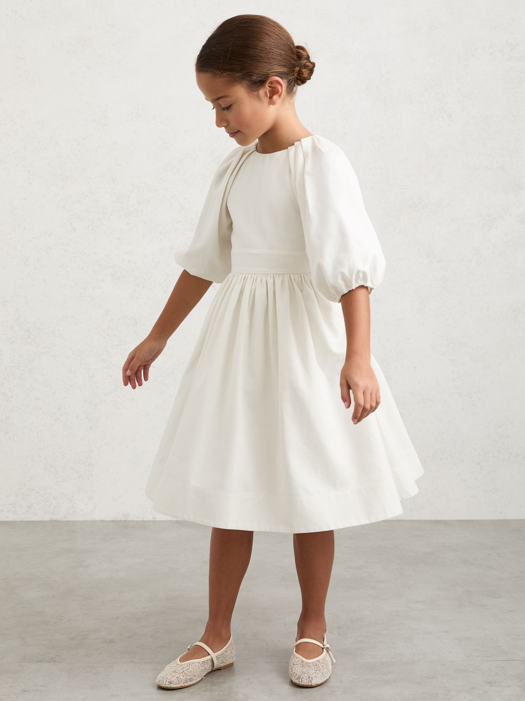 Puff-Sleeve Tie-Back Midi Dress in White - Image 2 of 6