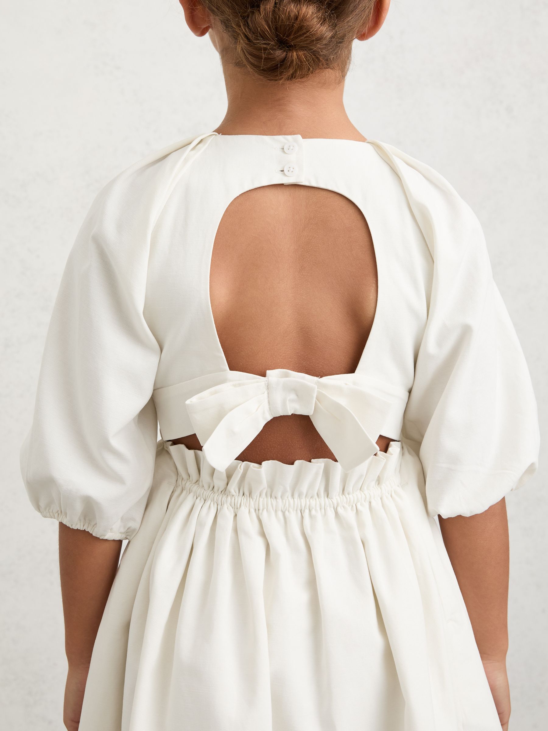 Puff-Sleeve Tie-Back Midi Dress in White - Image 5 of 6