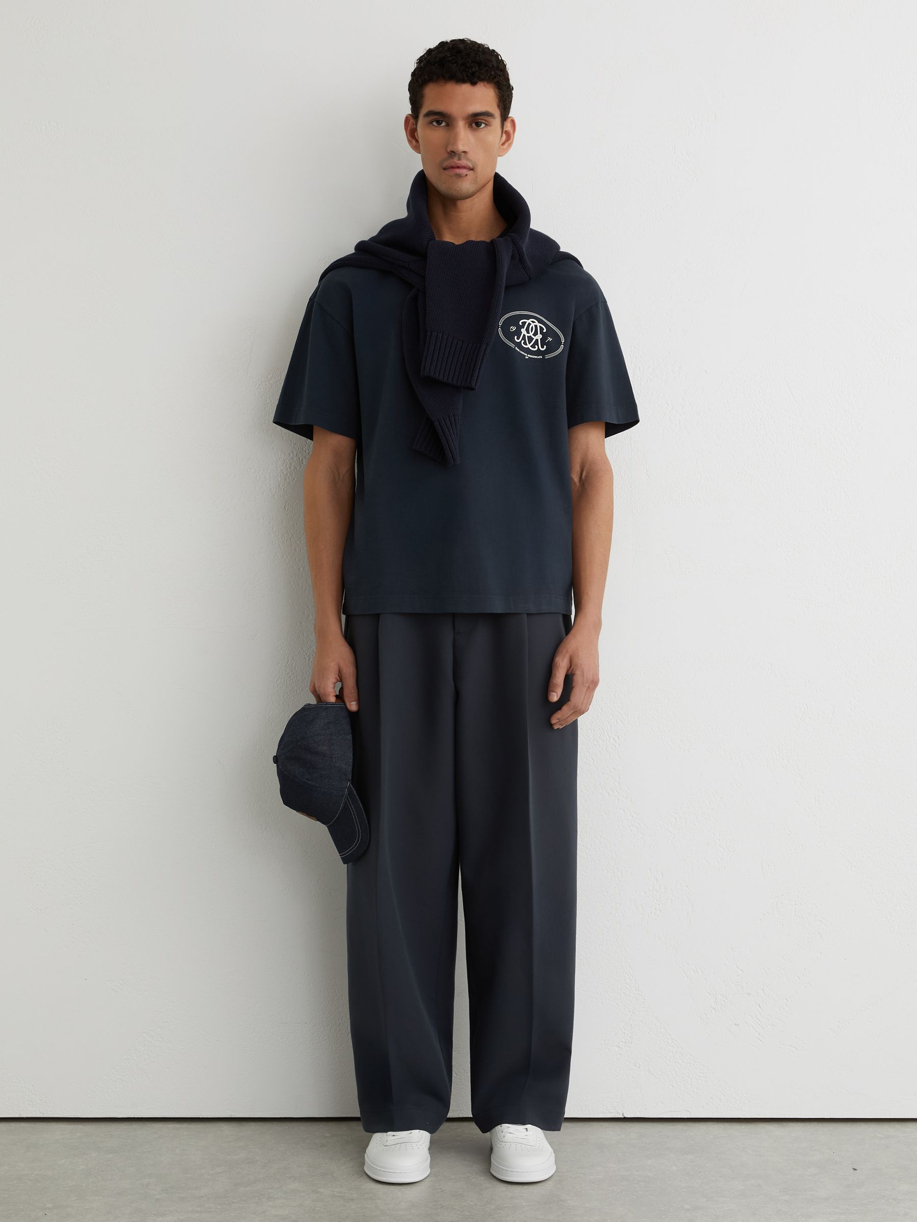 Monogram-Print Pigment-Dyed Relaxed T-Shirt in Washed Navy - Image 1 of 6