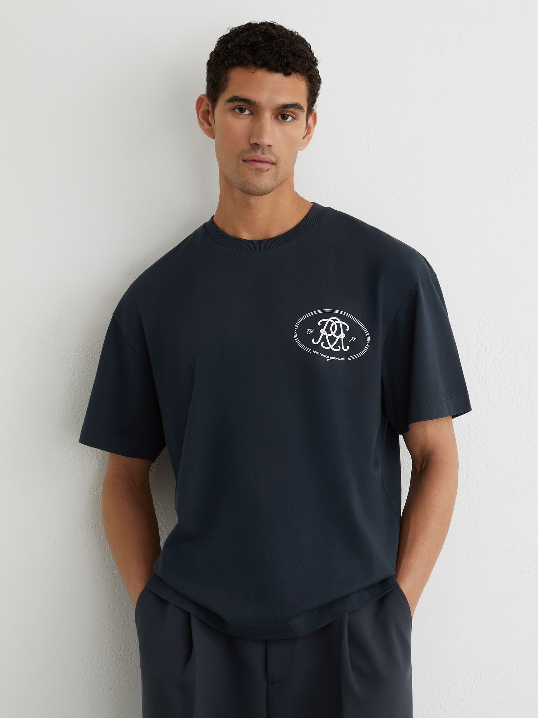 Monogram-Print Pigment-Dyed Relaxed T-Shirt in Washed Navy - Image 3 of 6