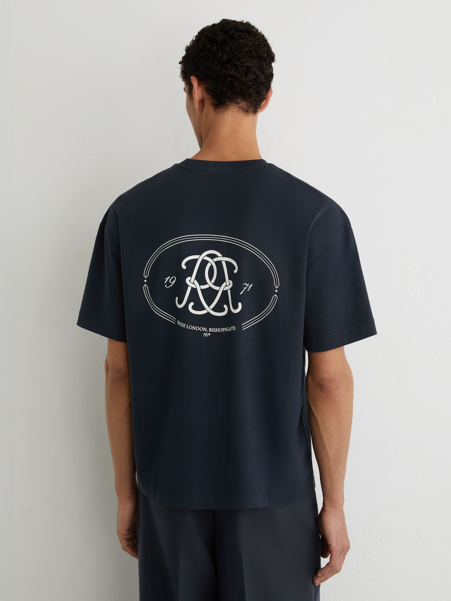Monogram-Print Pigment-Dyed Relaxed T-Shirt in Washed Navy - Image 4 of 6
