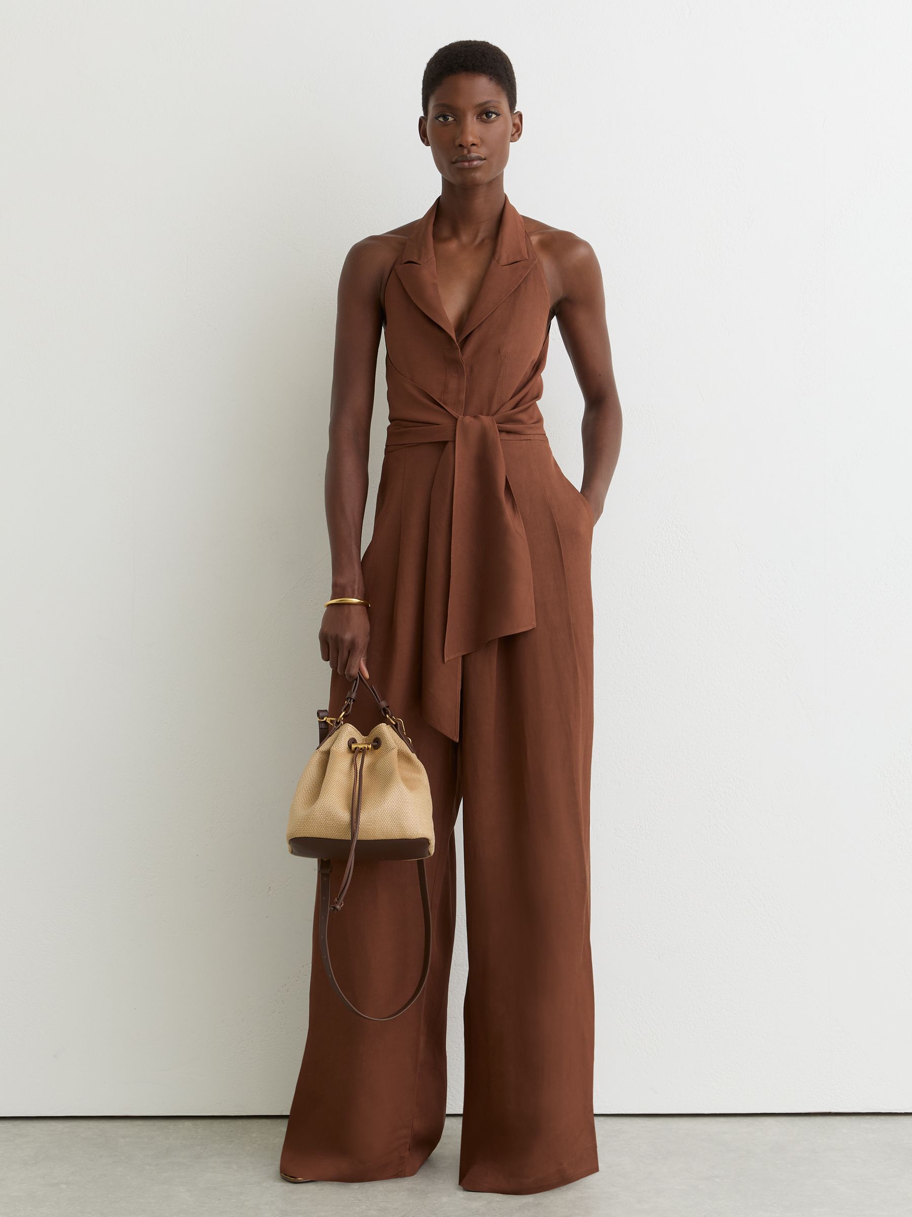 Tie-Front Wide-Leg Jumpsuit with Linen in Rust Orange - Image 1 of 6