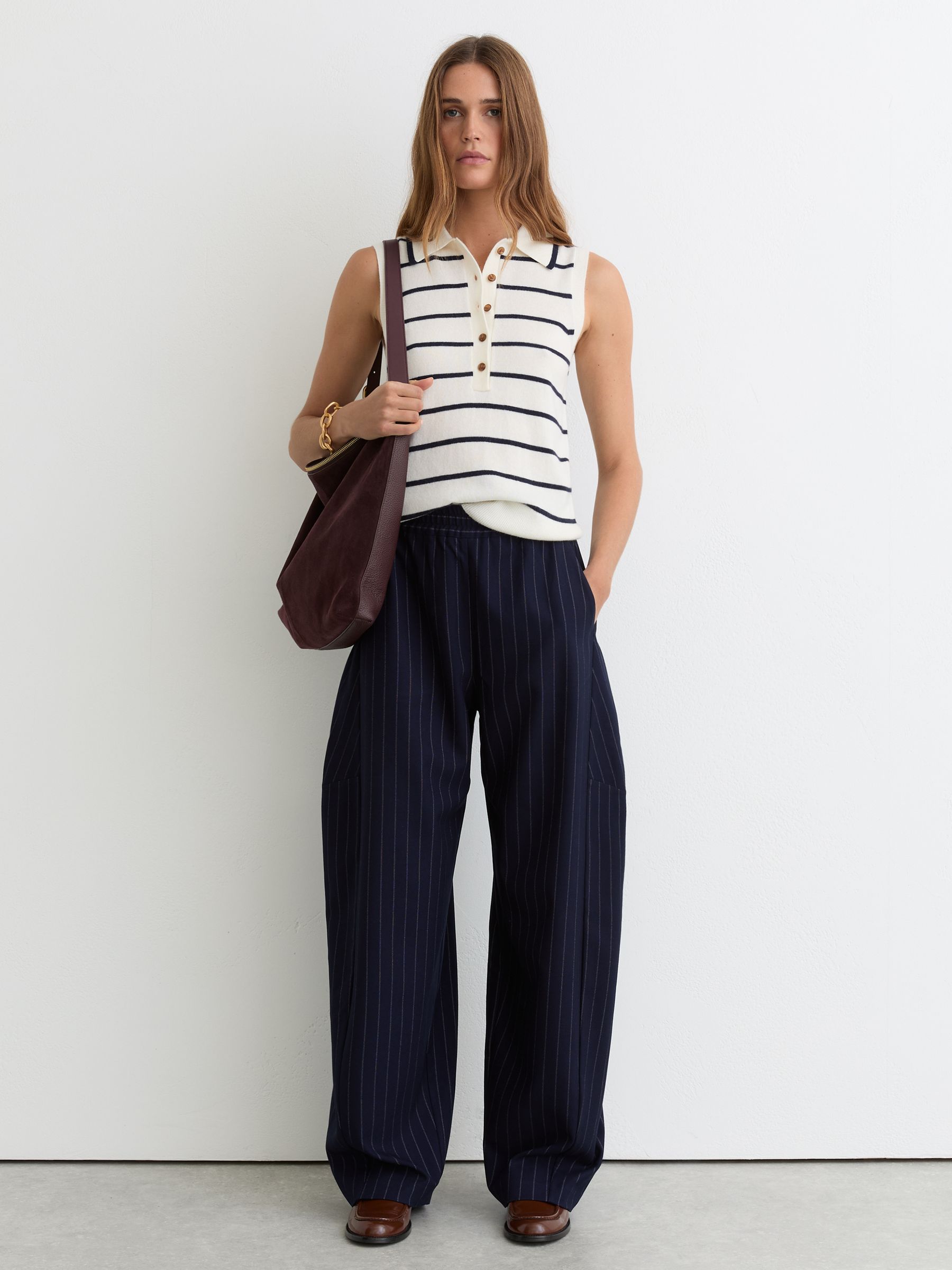 Wool-Cashmere Stripe Polo Vest in Ivory/Navy - Image 1 of 5