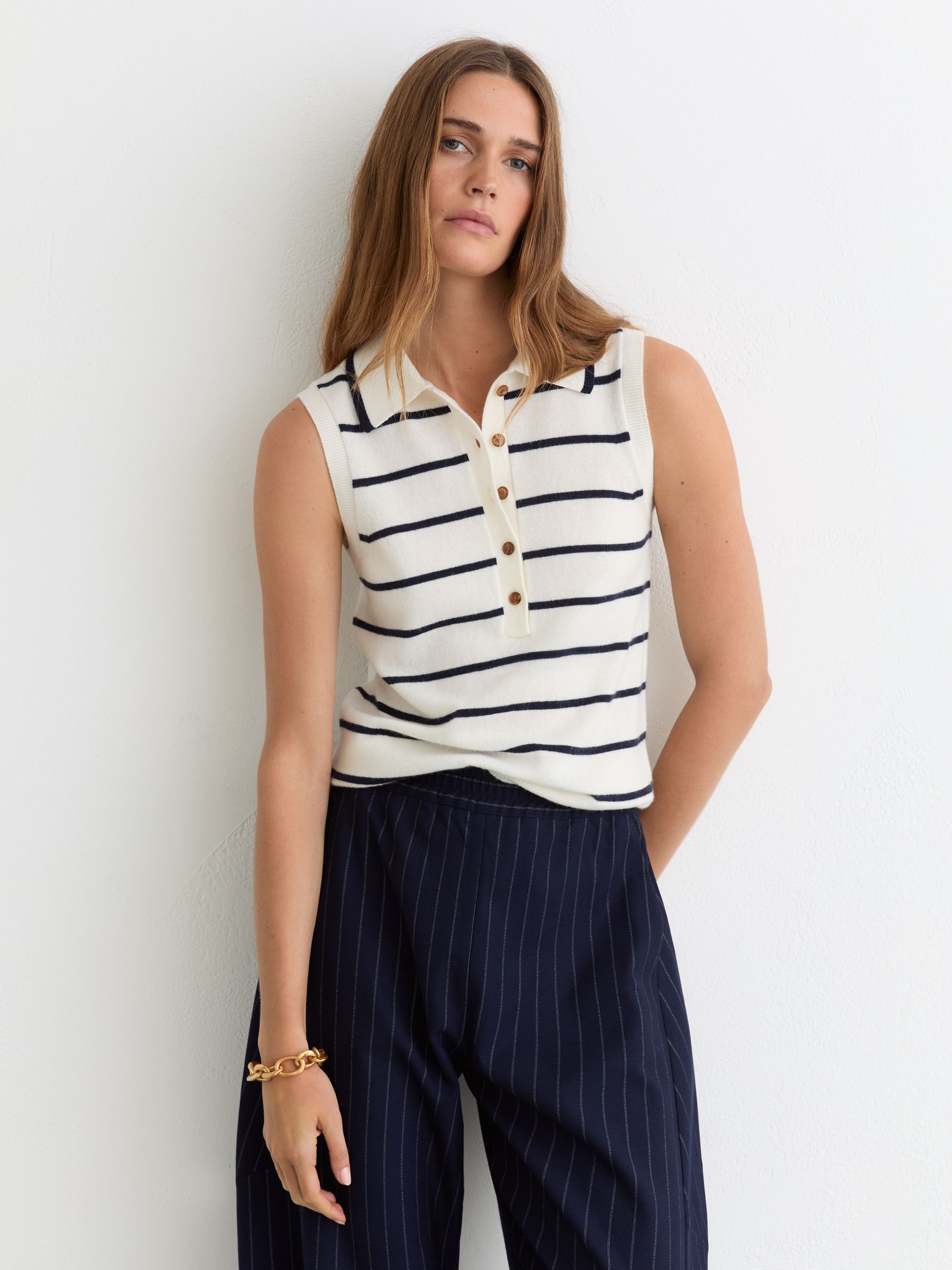 Wool-Cashmere Stripe Polo Vest in Ivory/Navy - image 4